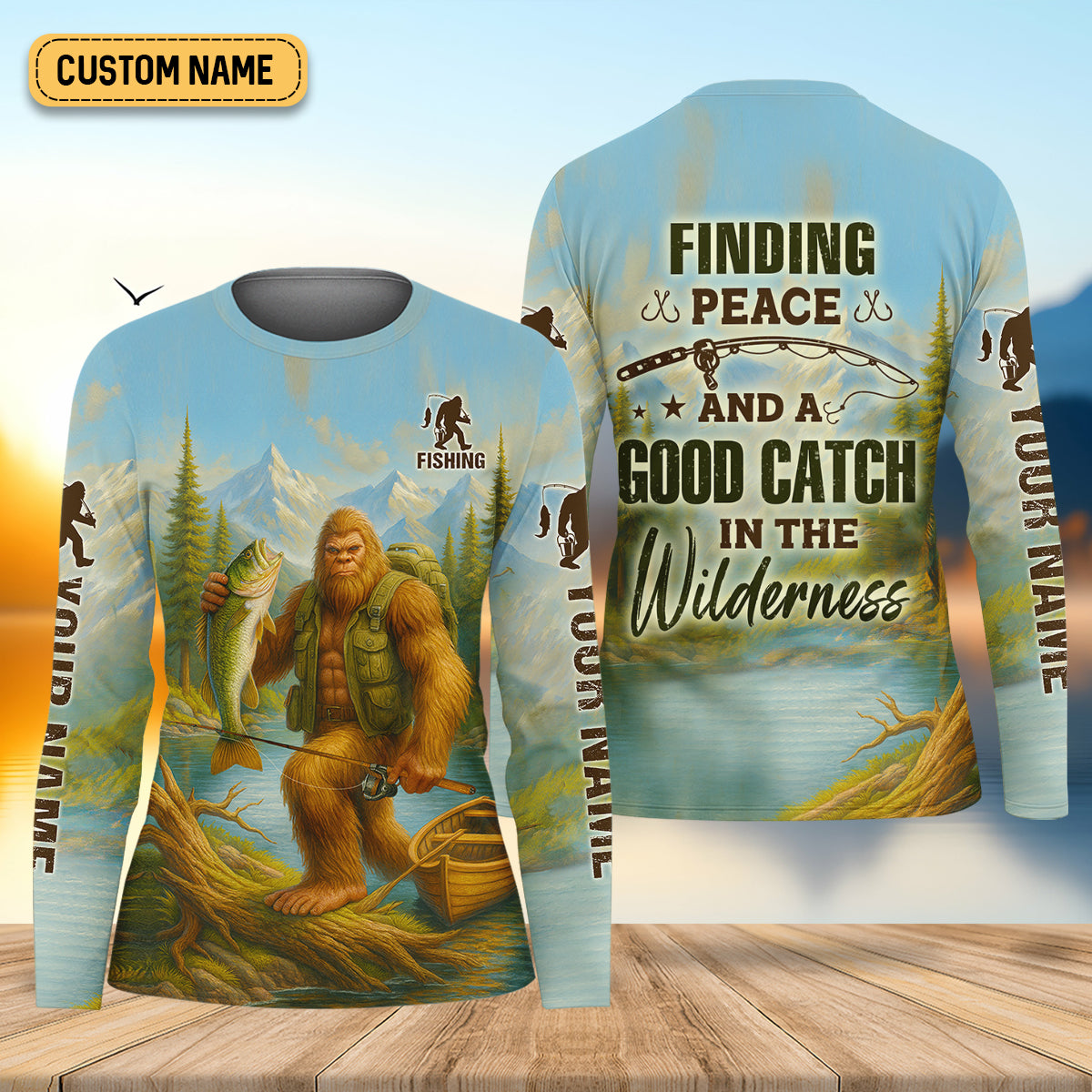 Finding Peace And A Good Catch In The Wilderness Bigfoot Fishing UPF Shirts, Funny Women Fishing Shirt