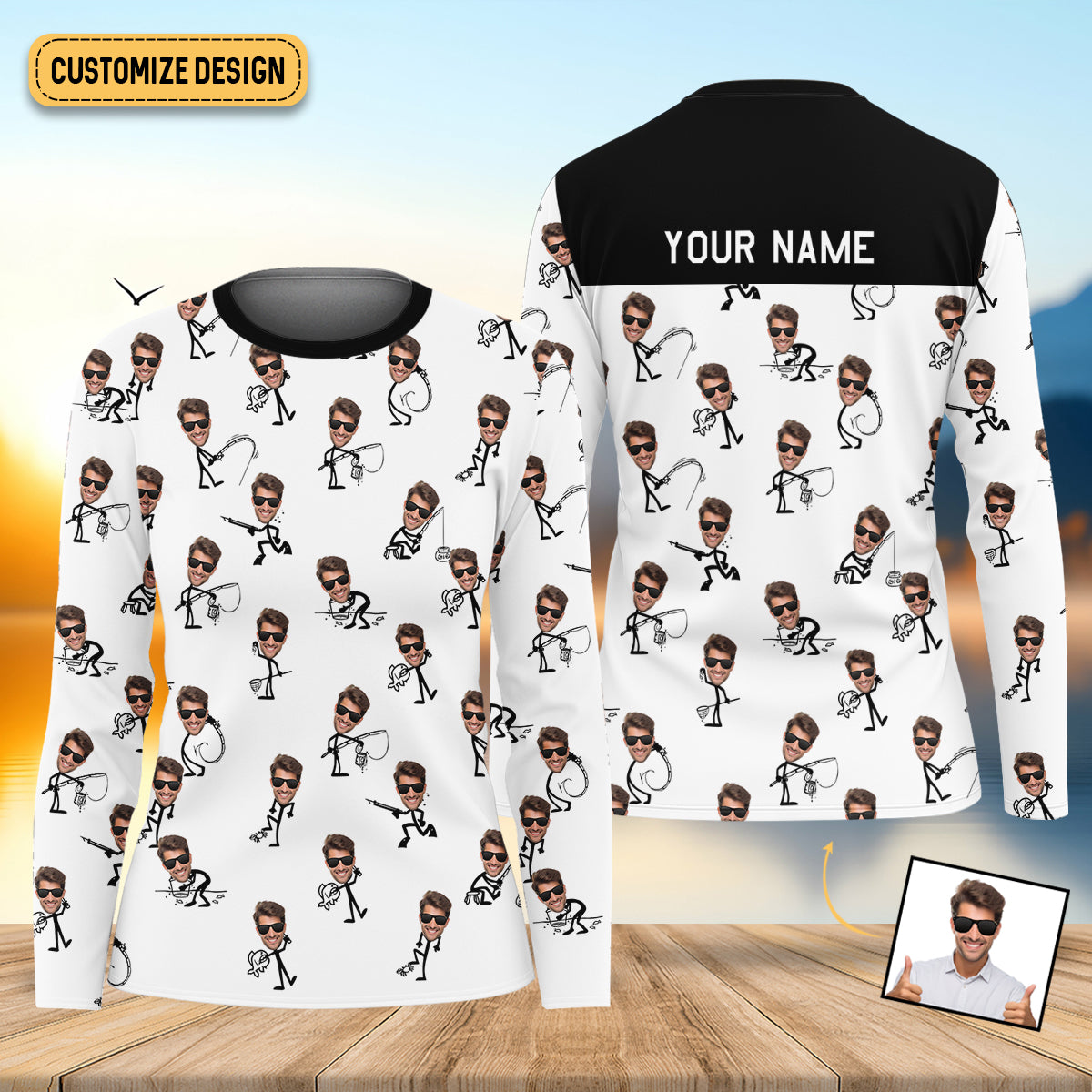 Funny Stick Figure Fishing Pose Custom Face Women SPF Shirt, Funny Fishing Shirt, Women Fishing Shirt