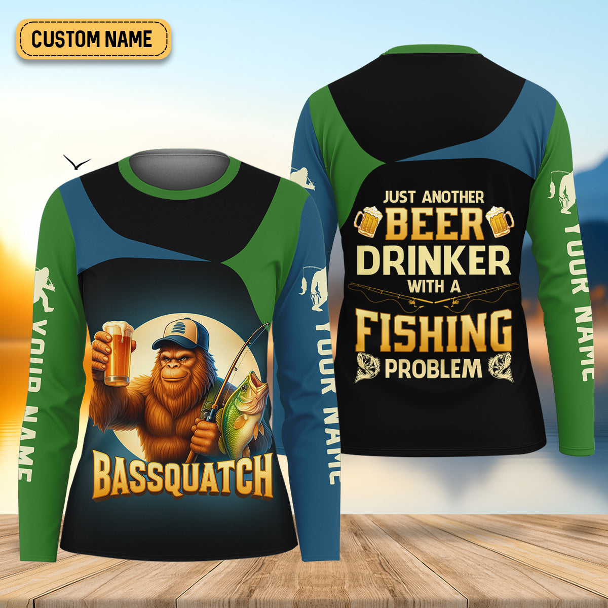 Bassquatch Just Another Beer Drinker With A Fishing Problem Funny Fishing UPF Shirts, Women Fishing Shirt
