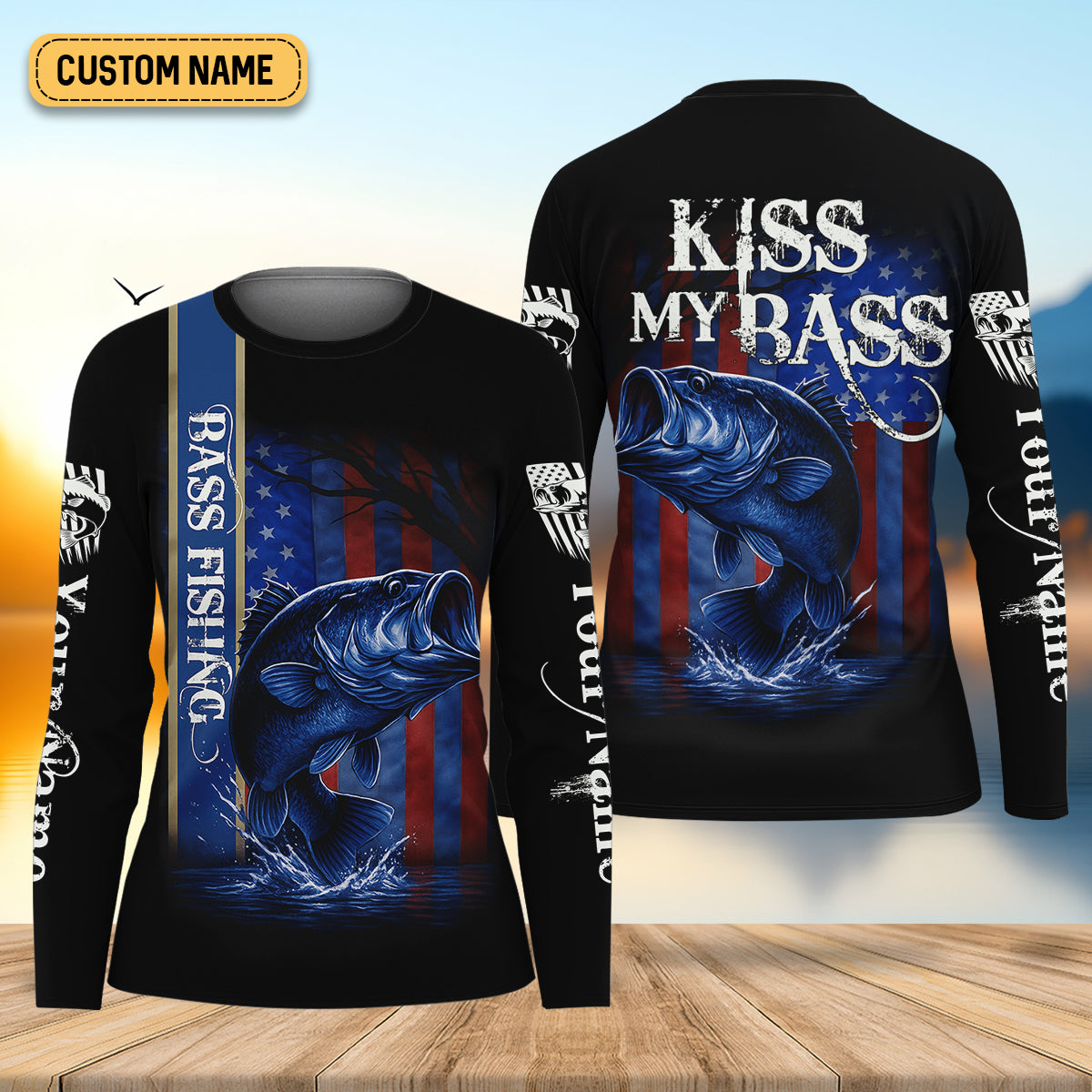 Kiss My Bass Patriotic Fishing Shirt, SPF Shirt, Funny Fishing Shirt, Women Fishing Shirt, Bass Fishing