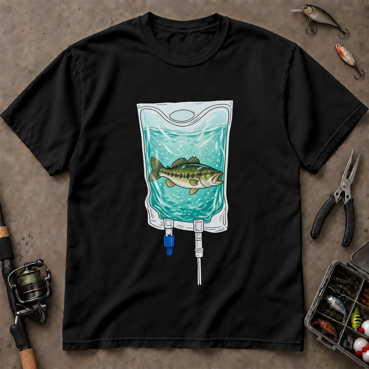 Largemouth Bass On Life Support IV Bag Funny T-Shirt, Fishing Shirt, Fishing Graphic Tee