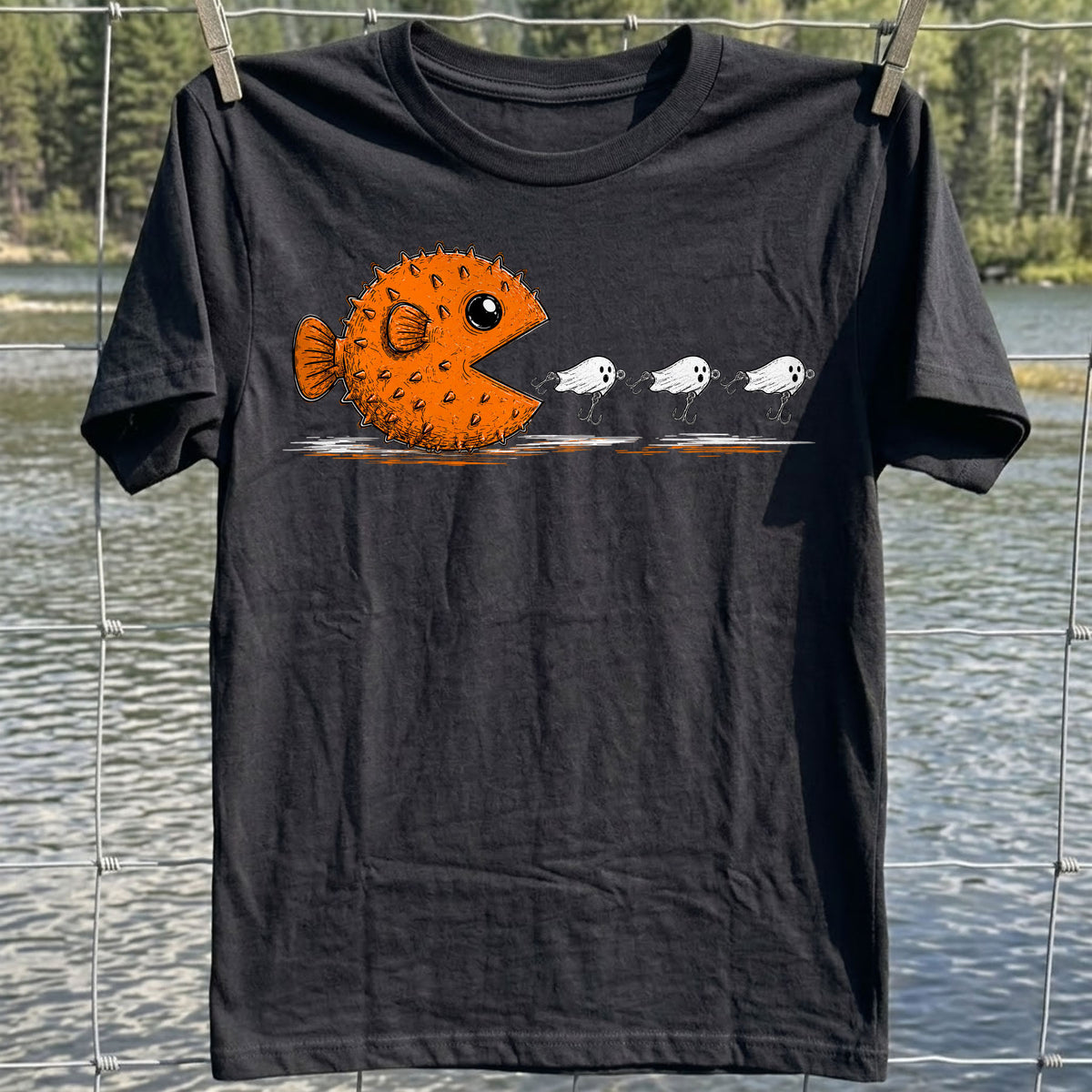 Orange Pufferfish Chasing Ghost Lures Funny T-Shirt, Fishing T-Shirt, Angler Shirt