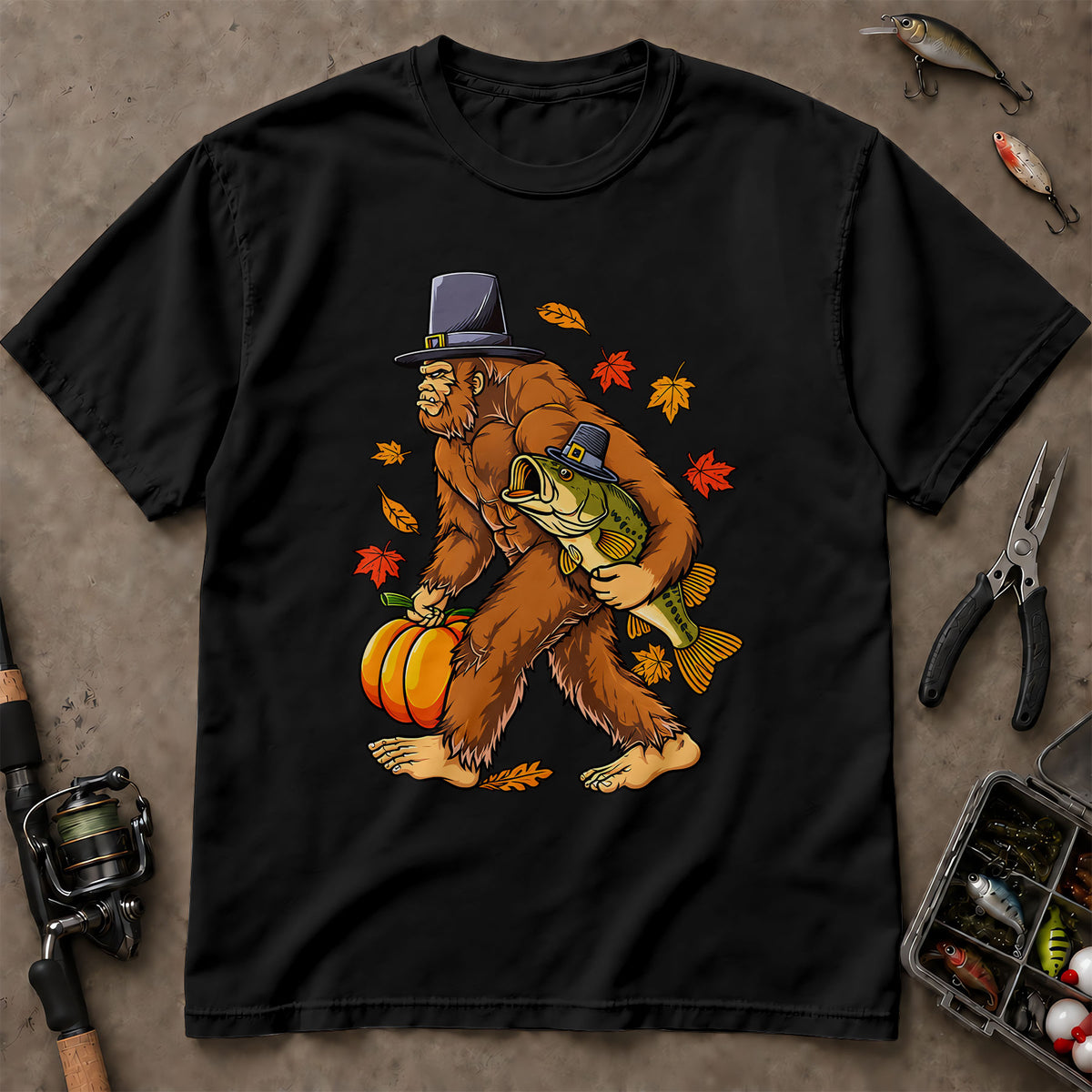 Funny Thanksgiving Bigfoot Bass Fishing T-Shirt, Bass Fishing Shirt, Fishing Graphic Tee