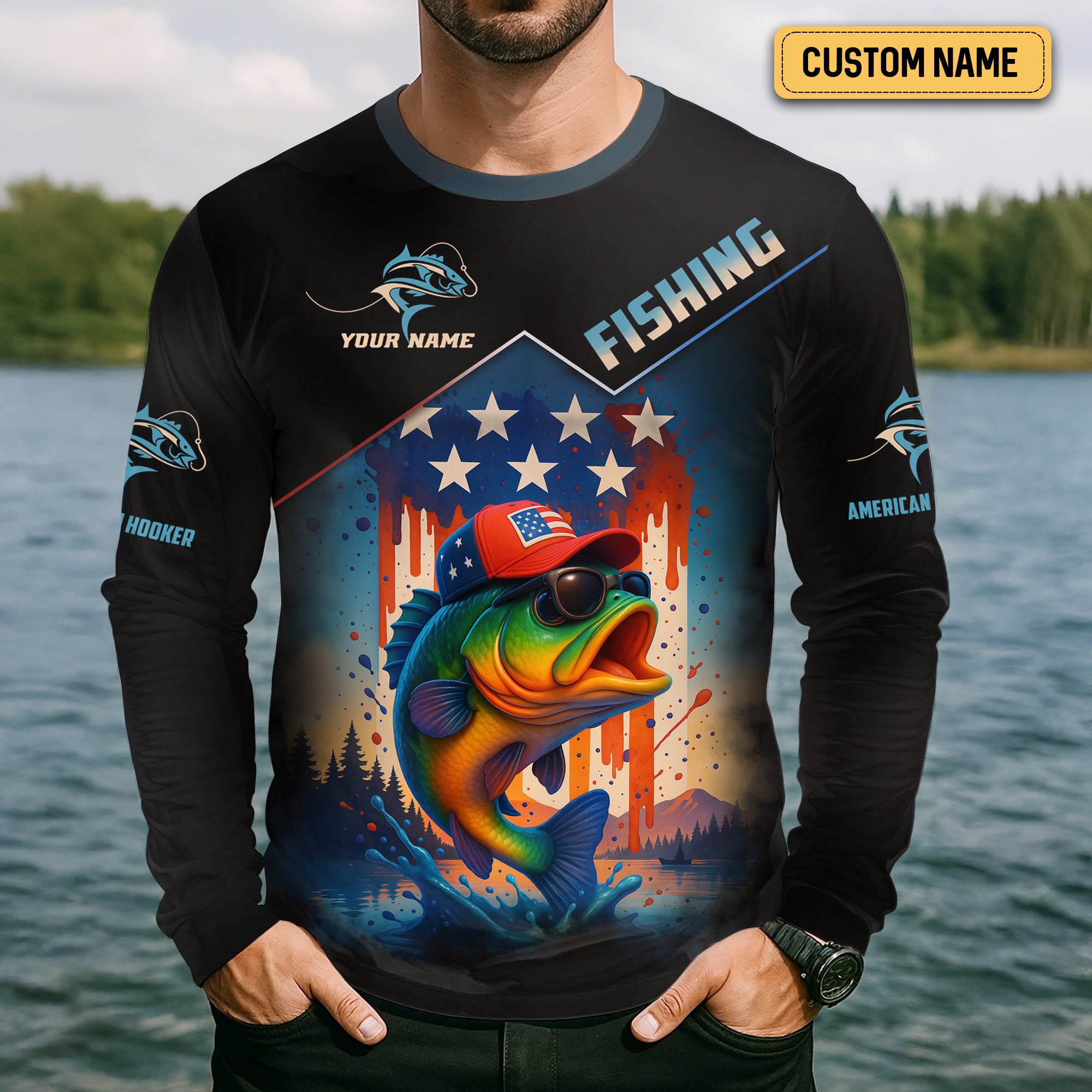 American Hooker Fishing UPF Shirts, American Flag Fish Shirt, Long Sleeve Fishing Shirts, Personalized Fishing Gifts