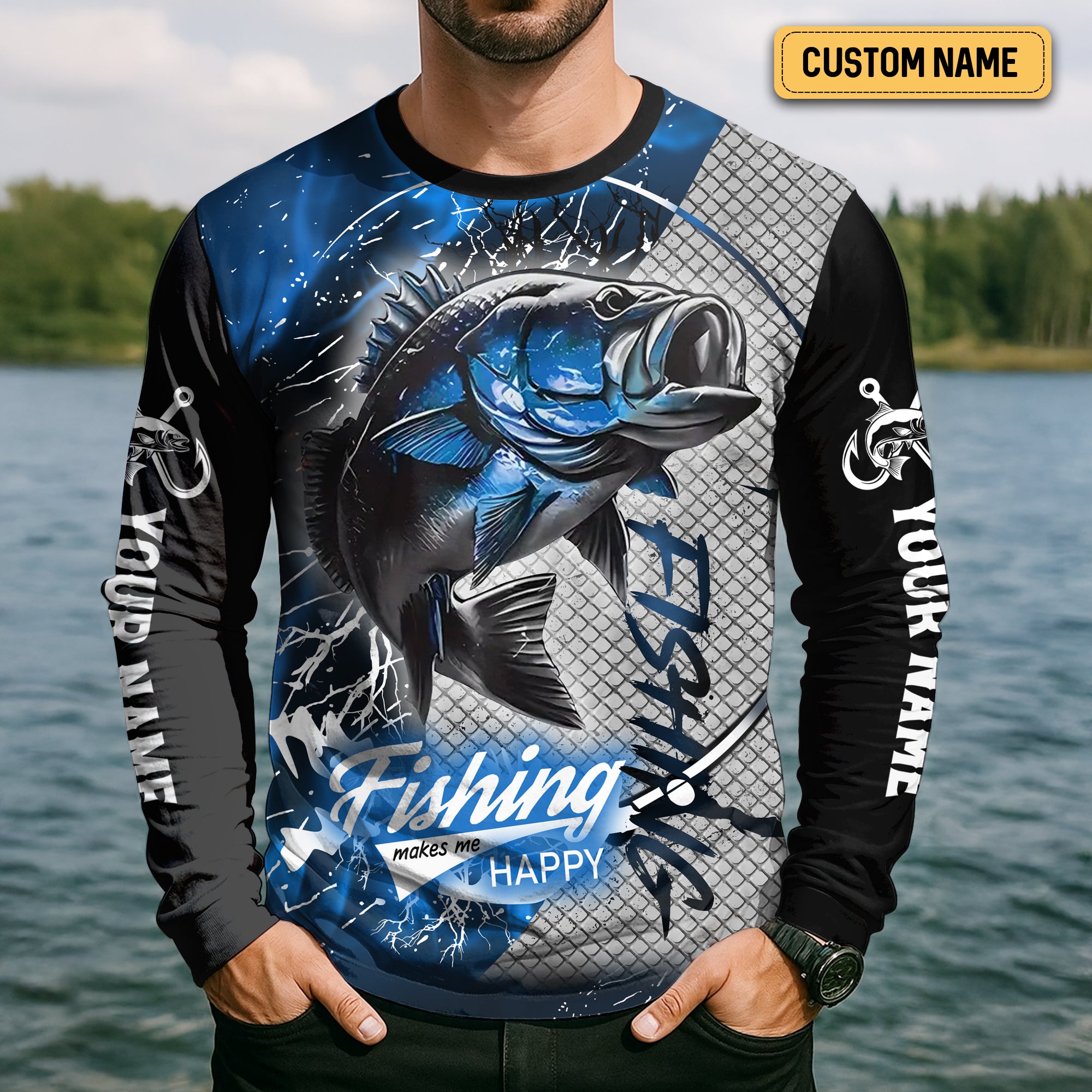 Fishing Makes Me Happy UV Shirts For Men, SPF Long Sleeve Shirts, Breathable Long Sleeve Shirt