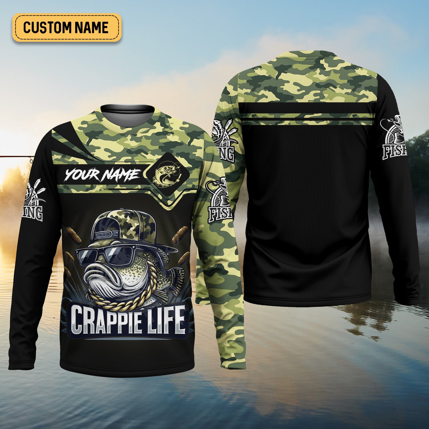 Crappie Life Camo Fishing Shirt, Fishing T-Shirts Funny, SPF Long Sleeve Shirts, Men Long Sleeve Shirt