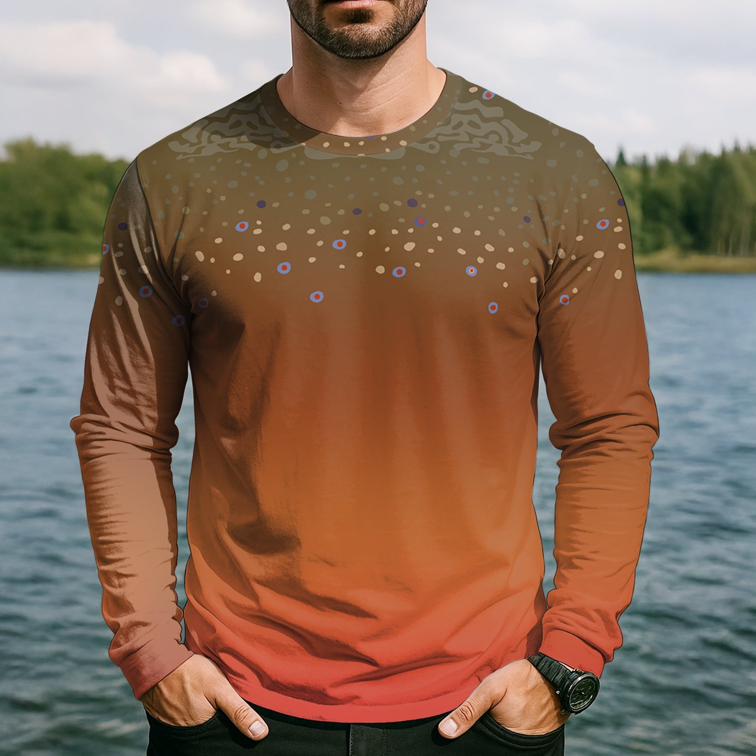 Orange Brook Trout Skin UPF Fishing Shirts, Hooded Sun Shirt, Personalized Fishing Gifts, UV Shirts For Men