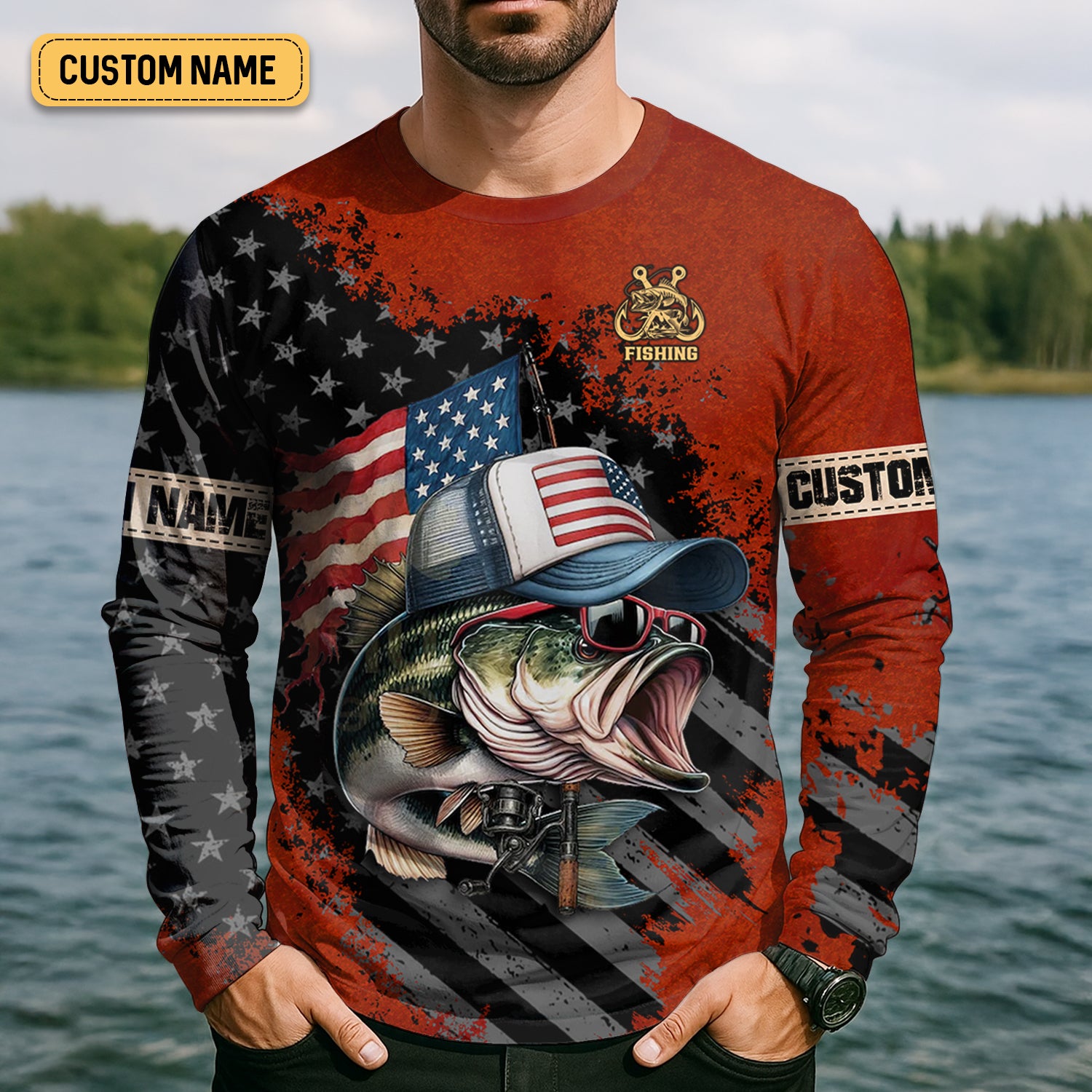Patriotic Fishing Shirt, Largemouth Bass Fishing SPF Shirt, Fisherman Outfit, Men Long Sleeve Shirt