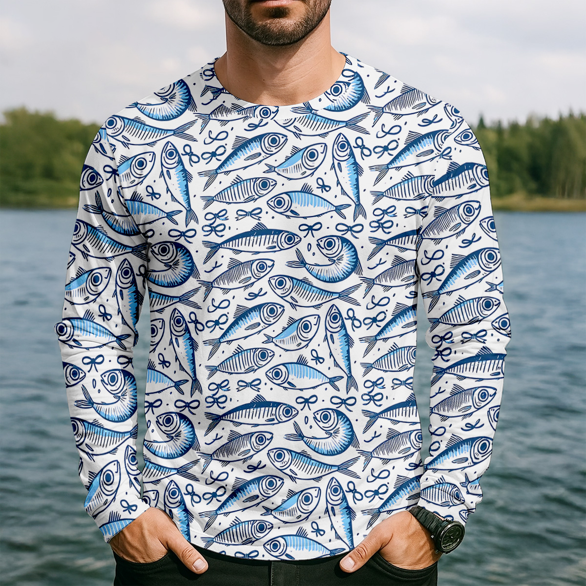 Navy Fish Pattern Fishing UPF Shirts, Men's Fishing Shirts Long Sleeve, Presents For Fishermen