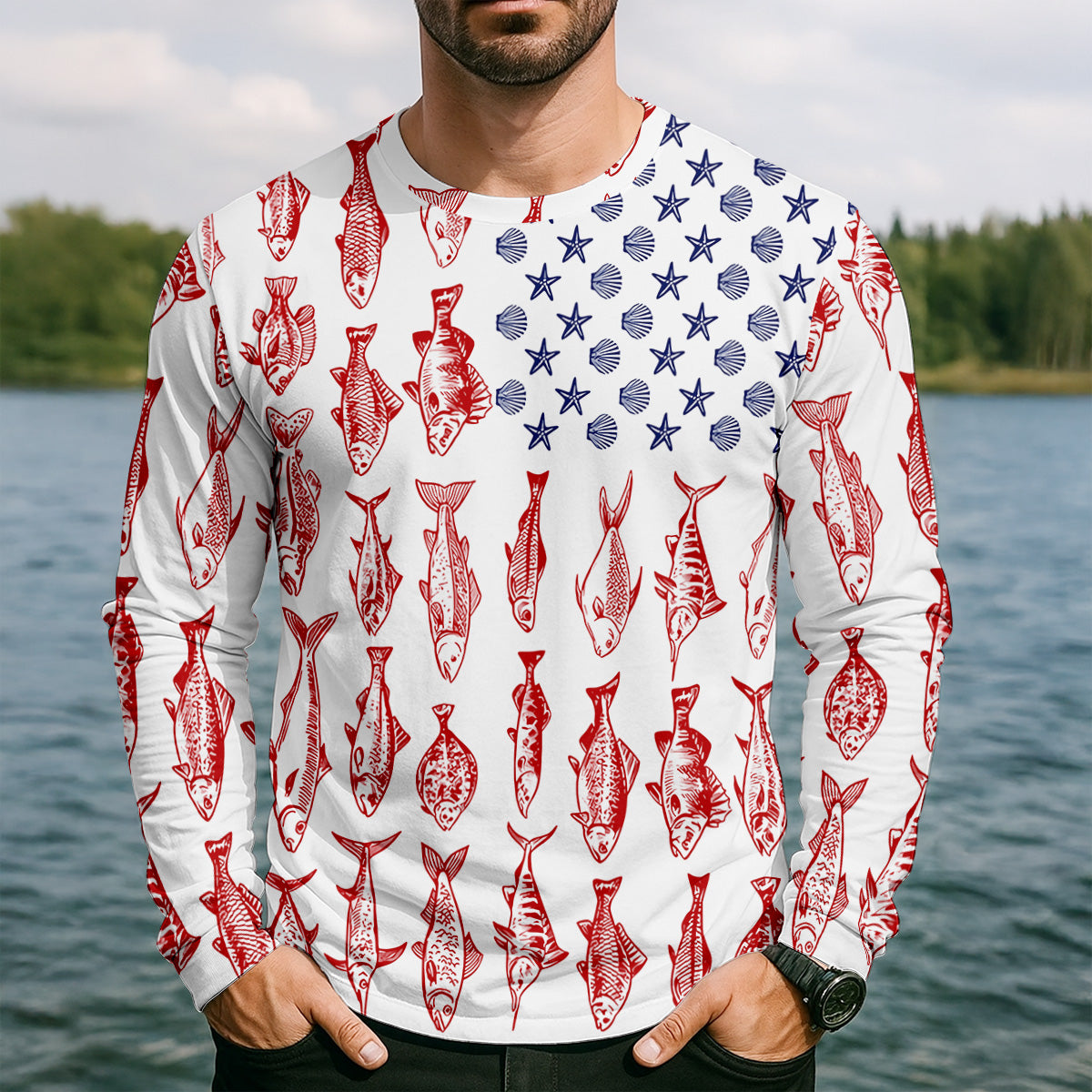 American Flag Fish Shirt, Fishing SPF Shirt, Mens Fishing Shirts Long Sleeve, Gift For Fisherman