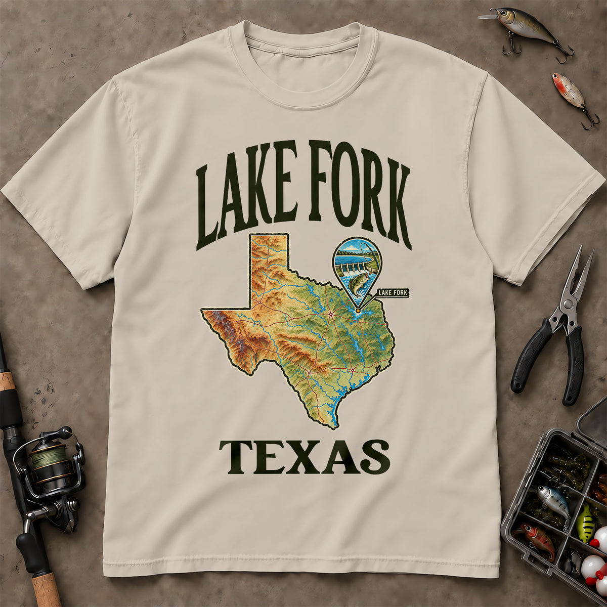 Lake Fork Texas Vintage Map Location T-Shirt, Bass Fishing Shirt, Texas Fishing Apparel