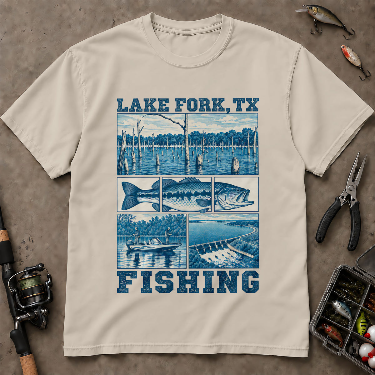 Lake Fork Texas Bass Fishing Scenic Collage T-Shirt, Angler Shirt, Fishing Graphic Tee