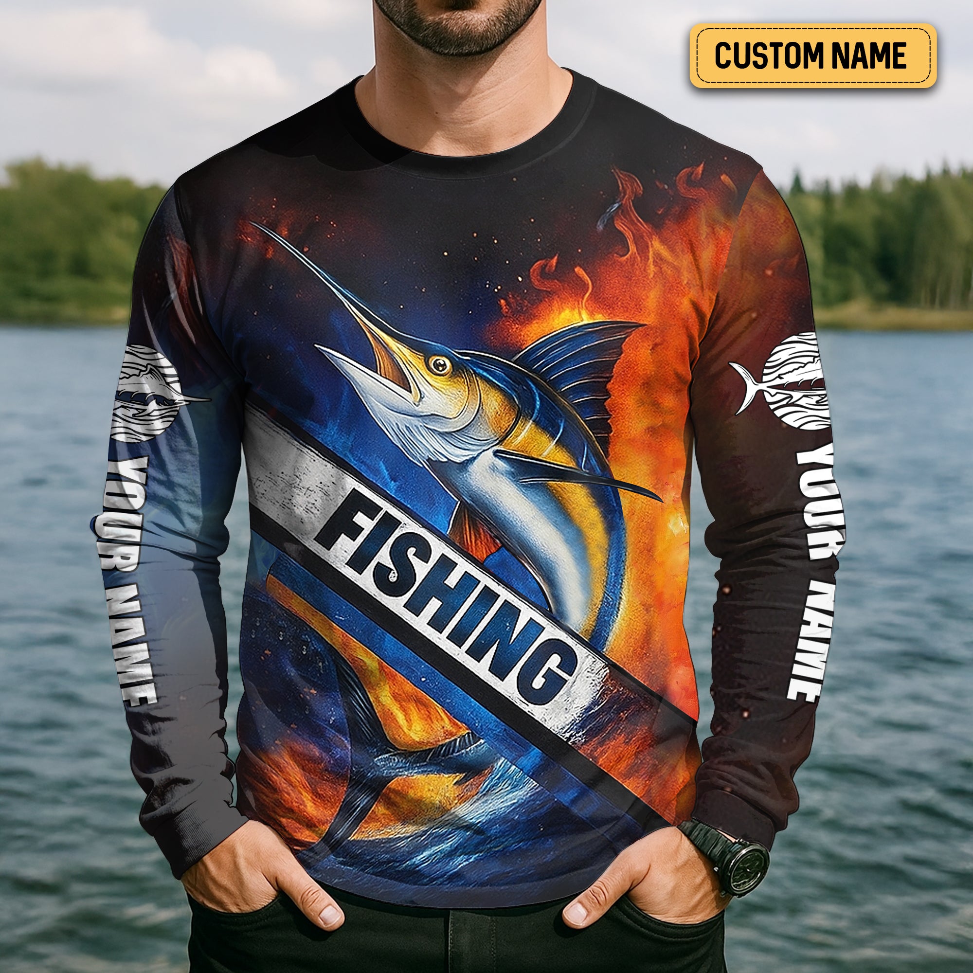 Swordfish Logo Fishing UPF Shirts, Long Sleeve Fishing Shirts, Hooded Fishing Shirt
