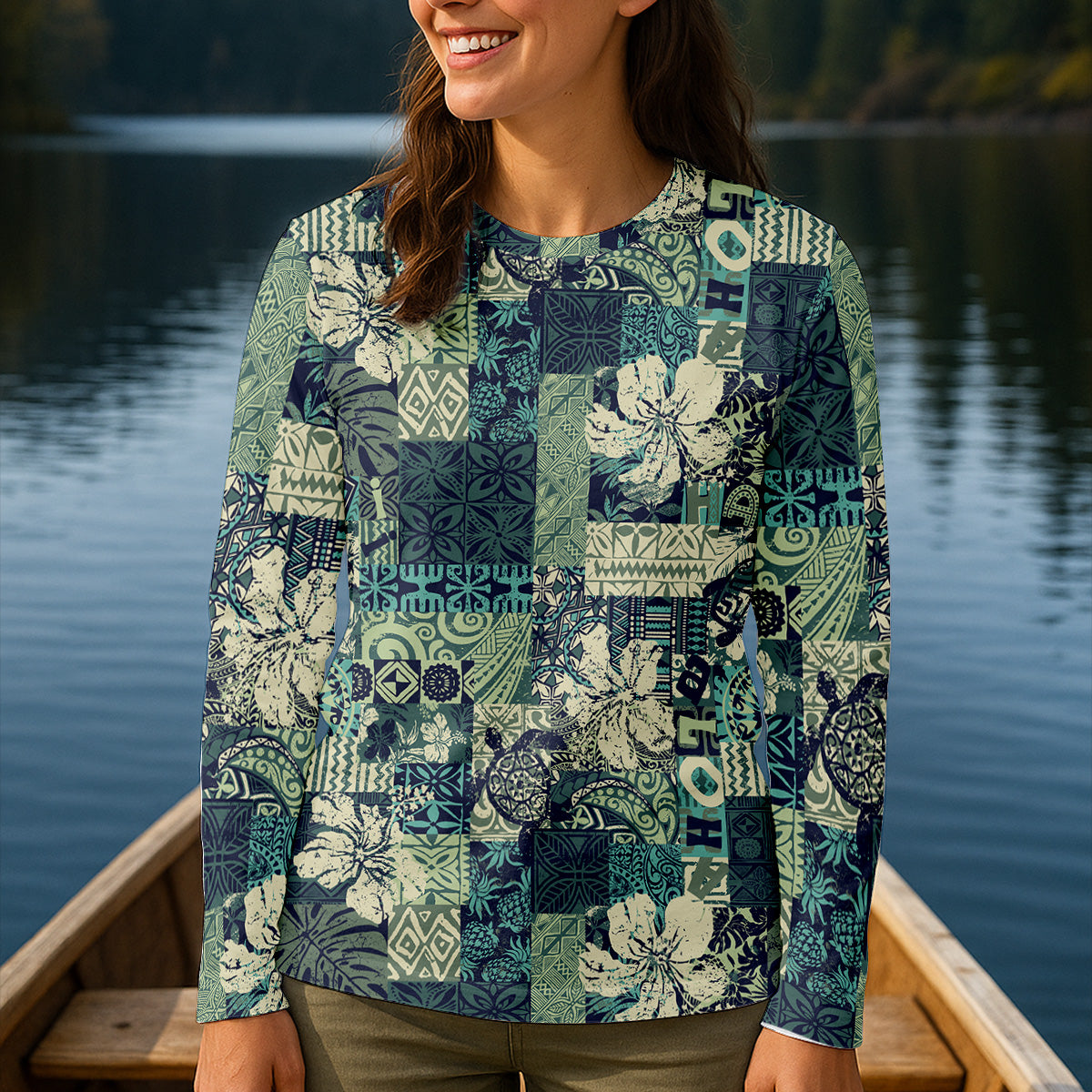 Tribal Aztec Pattern Fisherwomen Fishing UPF Shirts, Tropical Floral Women Fishing Shirt, Gift For Fisherman