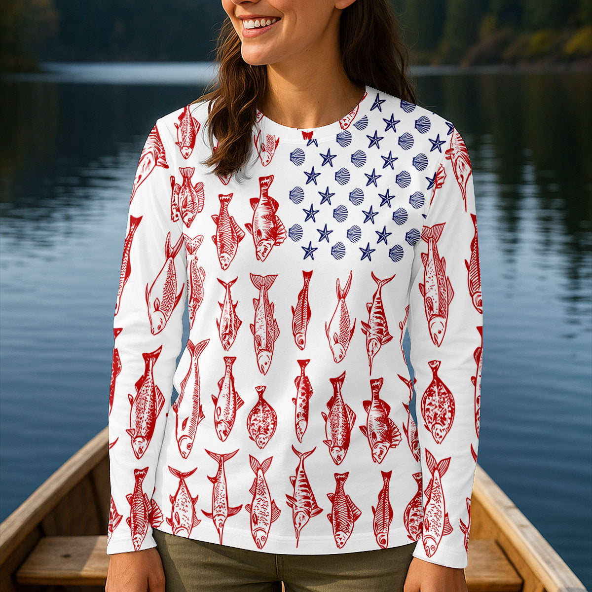 American Flag Fish Shirt, Female Fishing Shirts, Women SPF Shirt, Fishing Shirt For Women