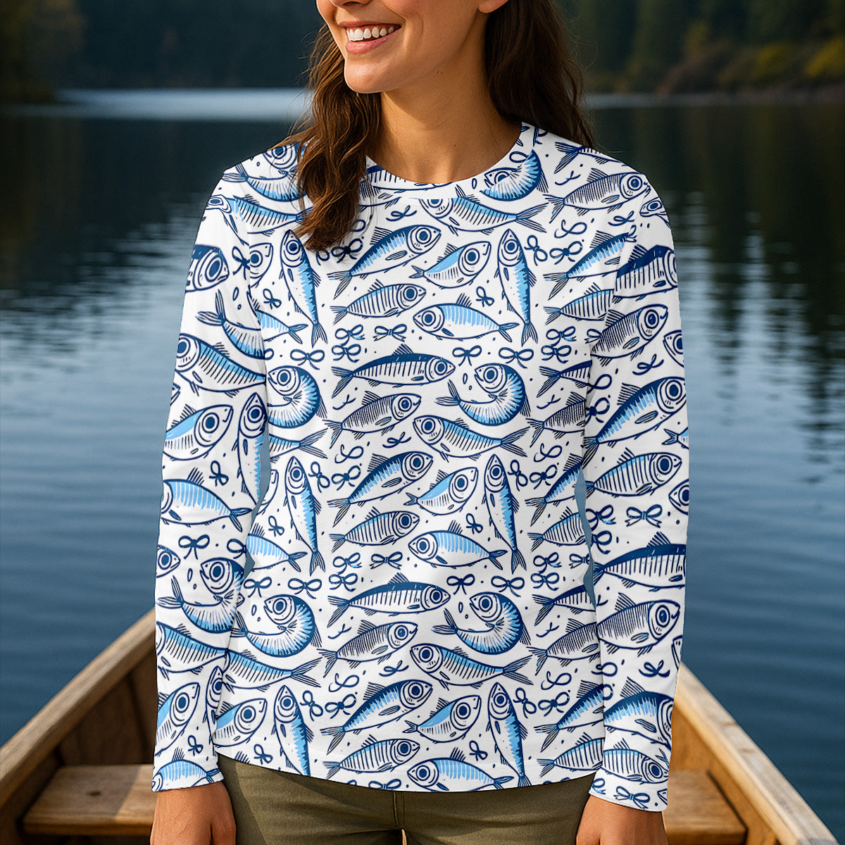 Navy Fish Pattern Fishing UPF Shirts, Female Fishing Shirts, SPF Long Sleeve Shirts Womens