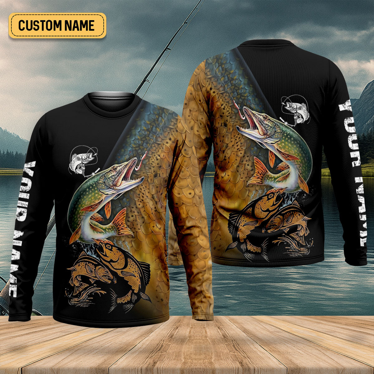 Northern Pike Fishing Gold Brown Scale Pattern Fishing UPF Shirts, Fishing Shirts For Men