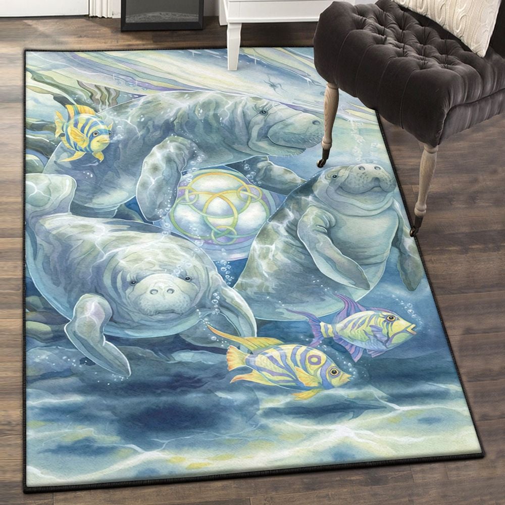 Fishing Rod Manatee And Fish Rug Rectangle Rugs Washable Area Rug Non-Slip Carpet For Living Room Bedroom