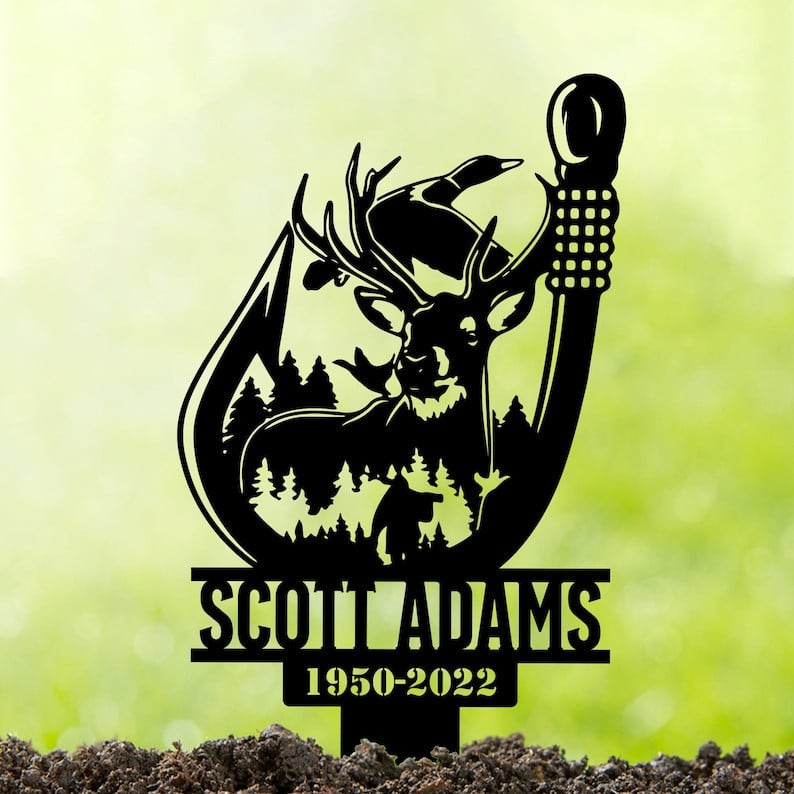 Custom Hunter Metal Memorial Stake Sympathy Sign Outdoor Signs Garden Stakes Deer & Fishing Dad in Heaven In Loving Memory Of Hunter