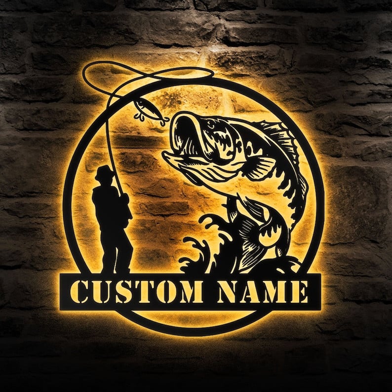 Custom Fishing Metal Sign Personalized Fishing Name Sign WITH LED/WITHOUT LED Lights Bass Fishing Metal Monogram