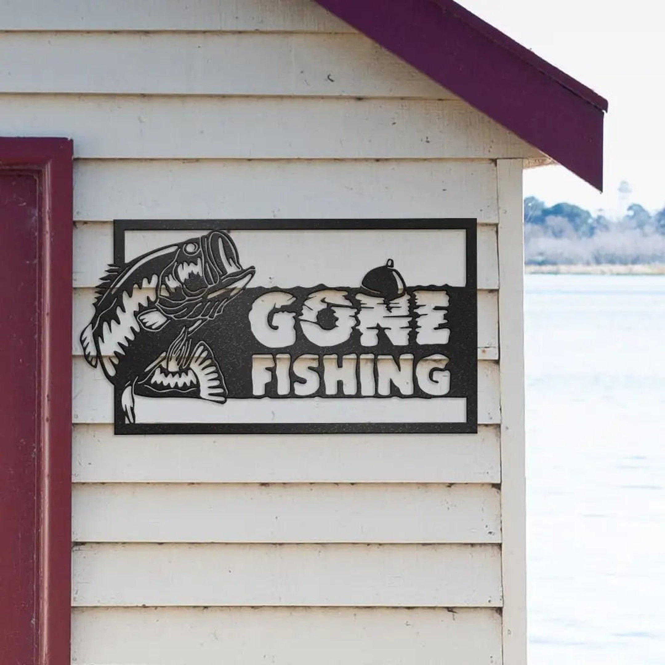 Gone Fishing Sign With Jumping Fish & Bobber