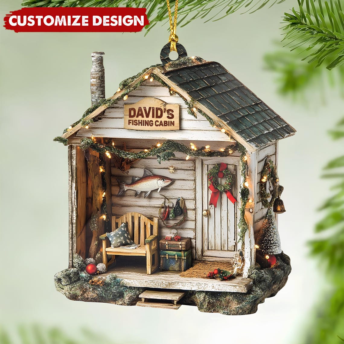 Custom Name Fishing Cabin Acrylic Xmas Ornaments, Presents For Fishing Lovers, Fishing Ornament