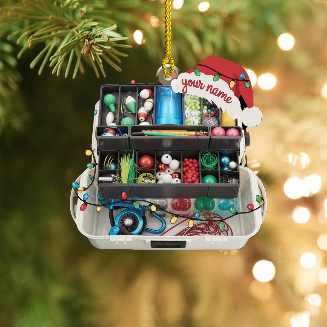 Custom Name Fishing Tackle Box Acrylic Ornament, Fishing Christmas Ornaments, Fisherman Gift