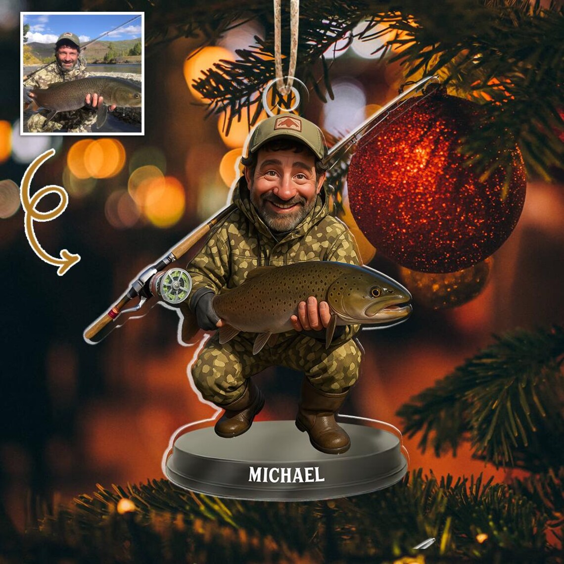Custom Photo Fishing Christmas Ornament, Fishing Man Acrylic Ornament, Christmas Gift For Him