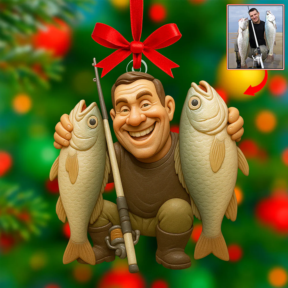 Funny Caricature Custom Photo Christmas Ornament, Gifts For Fishing Lovers, Custom Christmas Ornaments