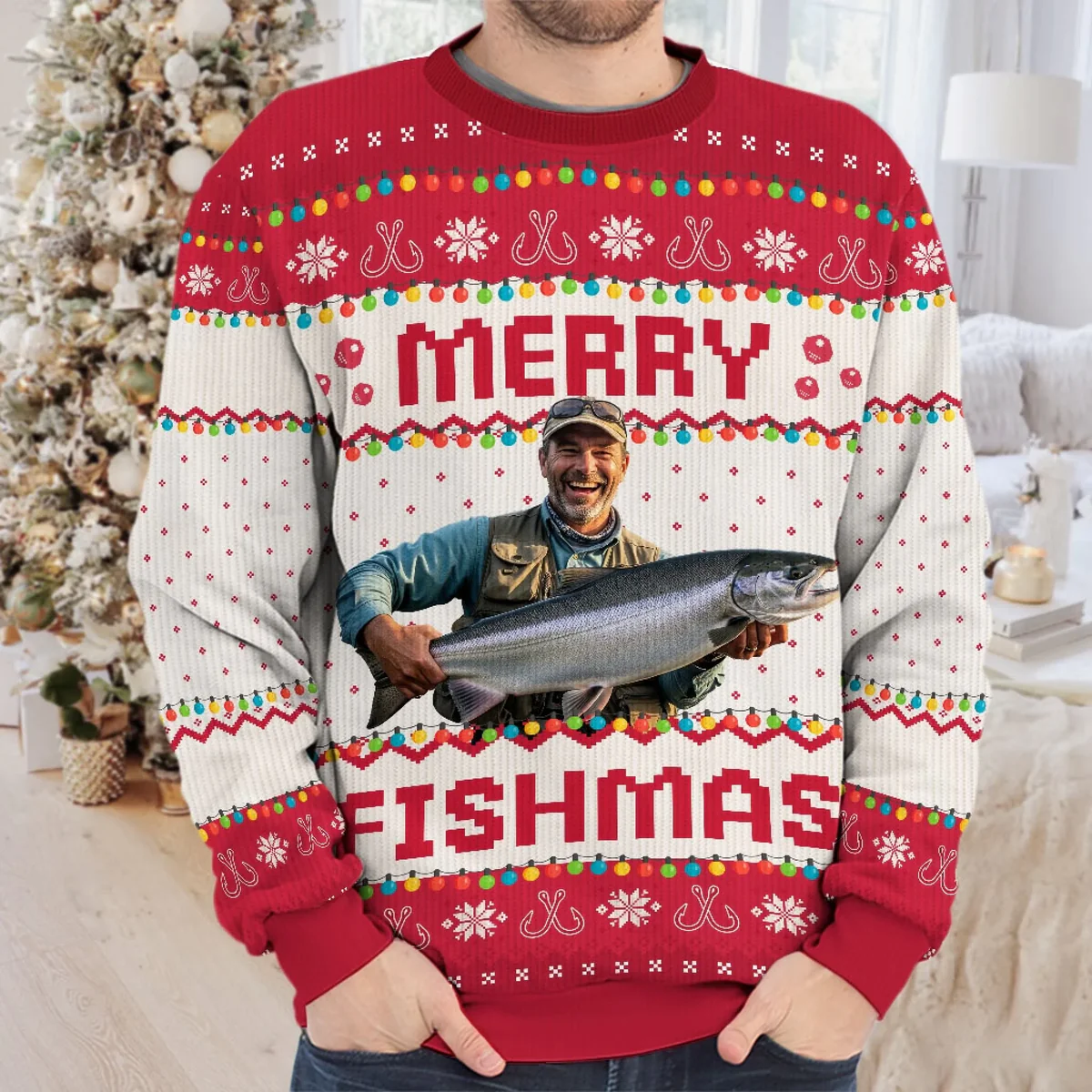 Custom Photo Merry Fishmas Sweater, Funny Fisherman Ugly Sweater, Fishing Ugly Christmas Sweater