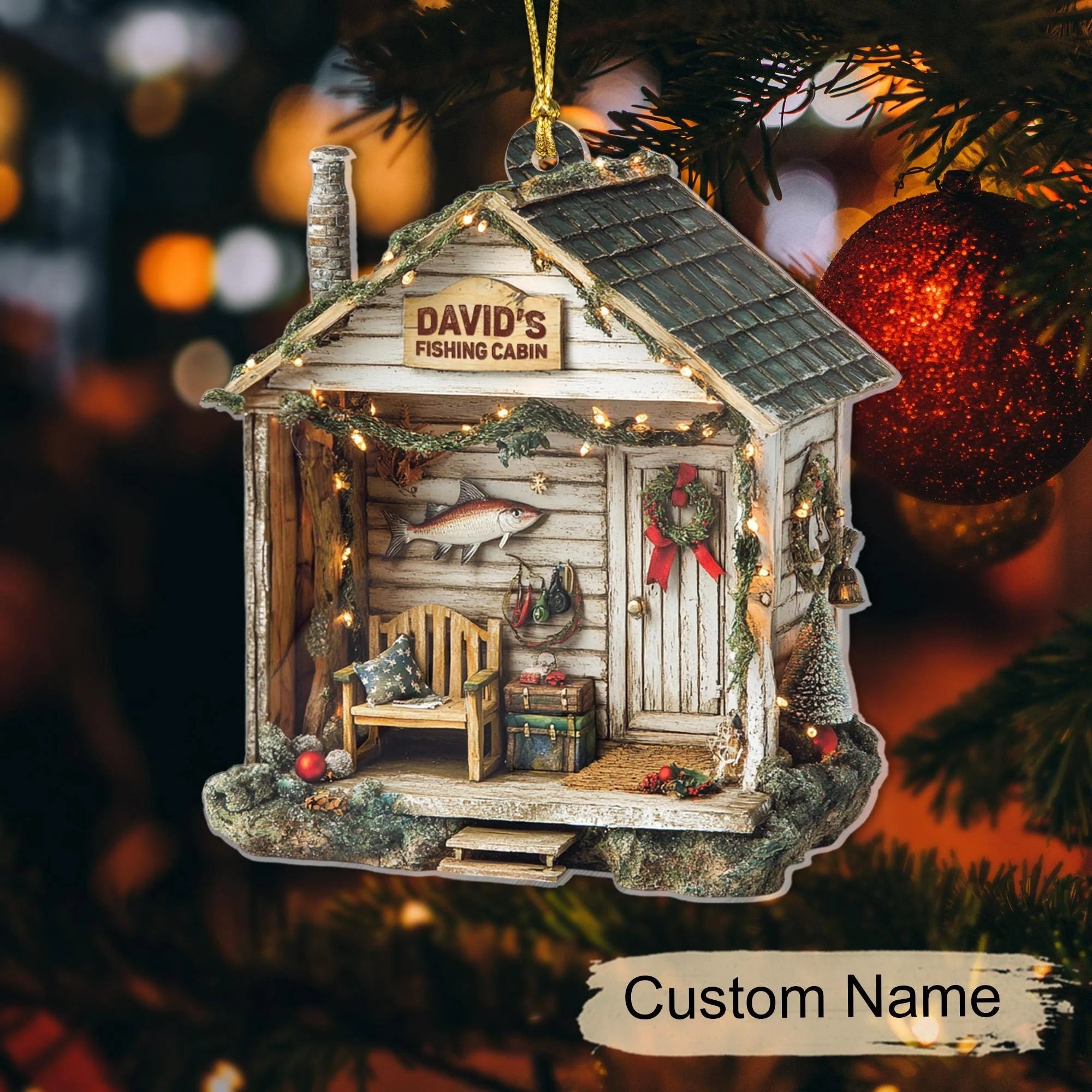 Fishing Cabin 2D Flat Acrylic Ornament, Fishing Ornament, Gift For Fisherman, Christmas Tree Decor