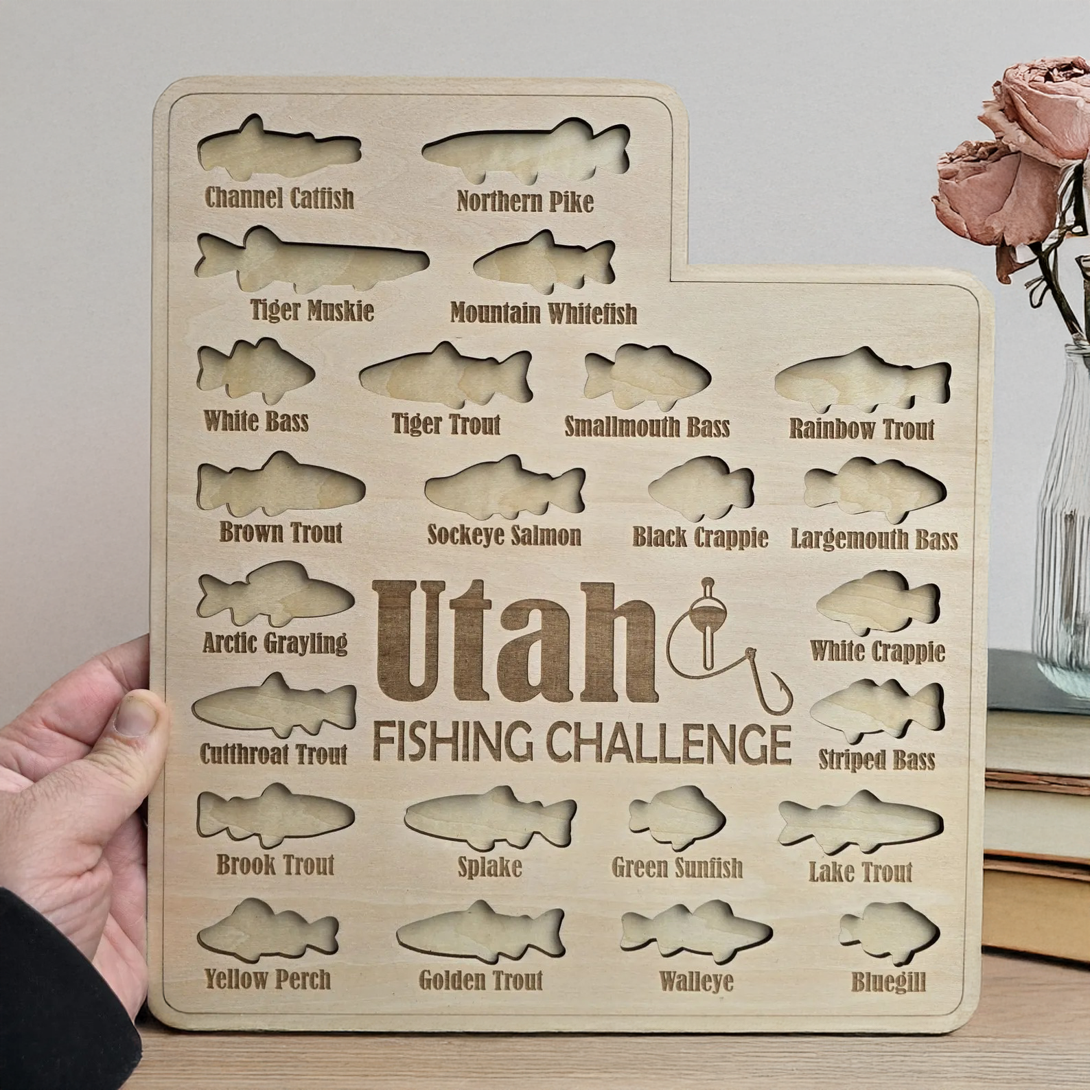 Utah Fishing Challenge Map, Custom State Wooden Sign, Gifts for Anglers, Hook Fishing, Fishing Gifts for Dad