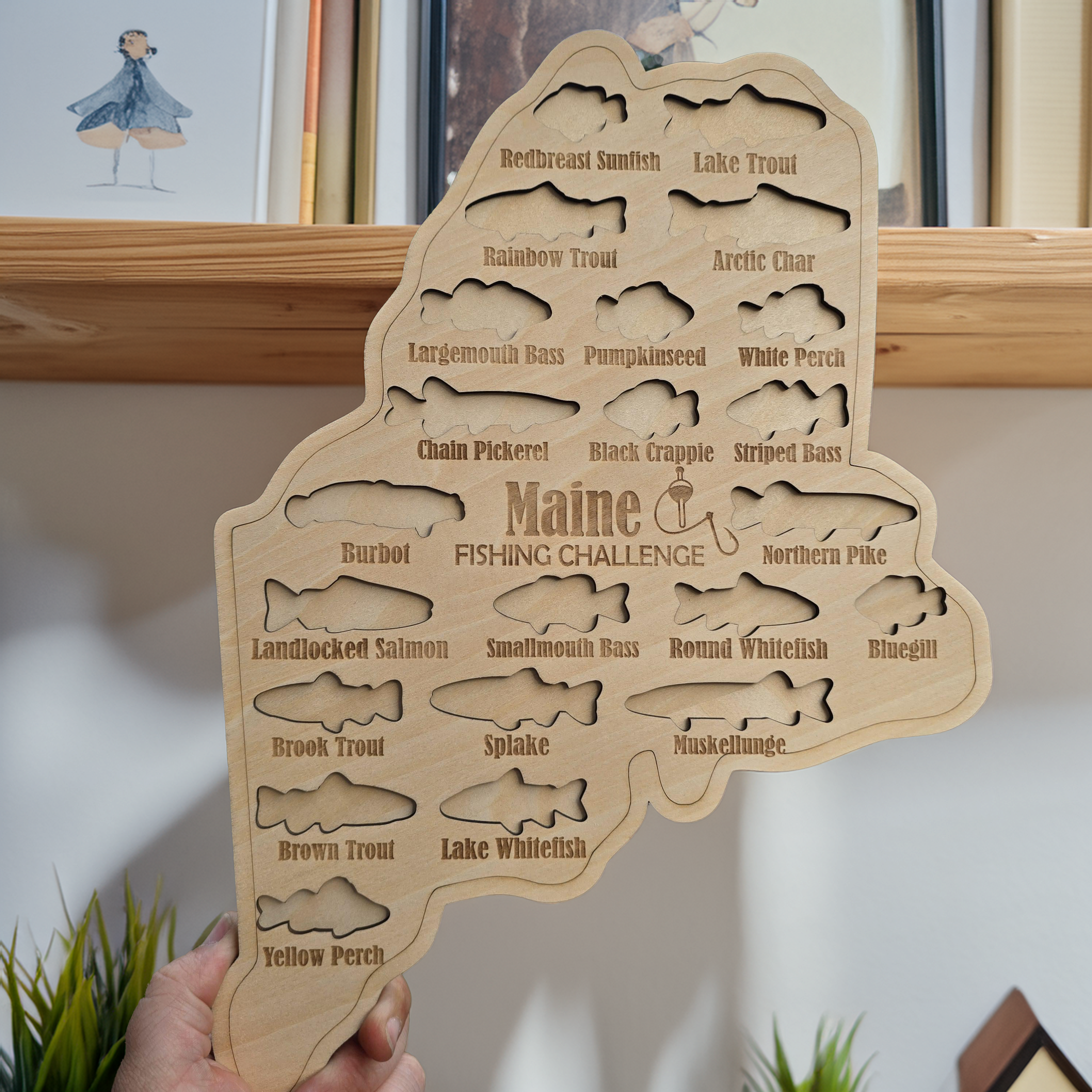 Maine Fishing Challenge Map, Custom State Wooden Sign, Gifts for Anglers, Hook Fishing, Fishing Gifts for Dad