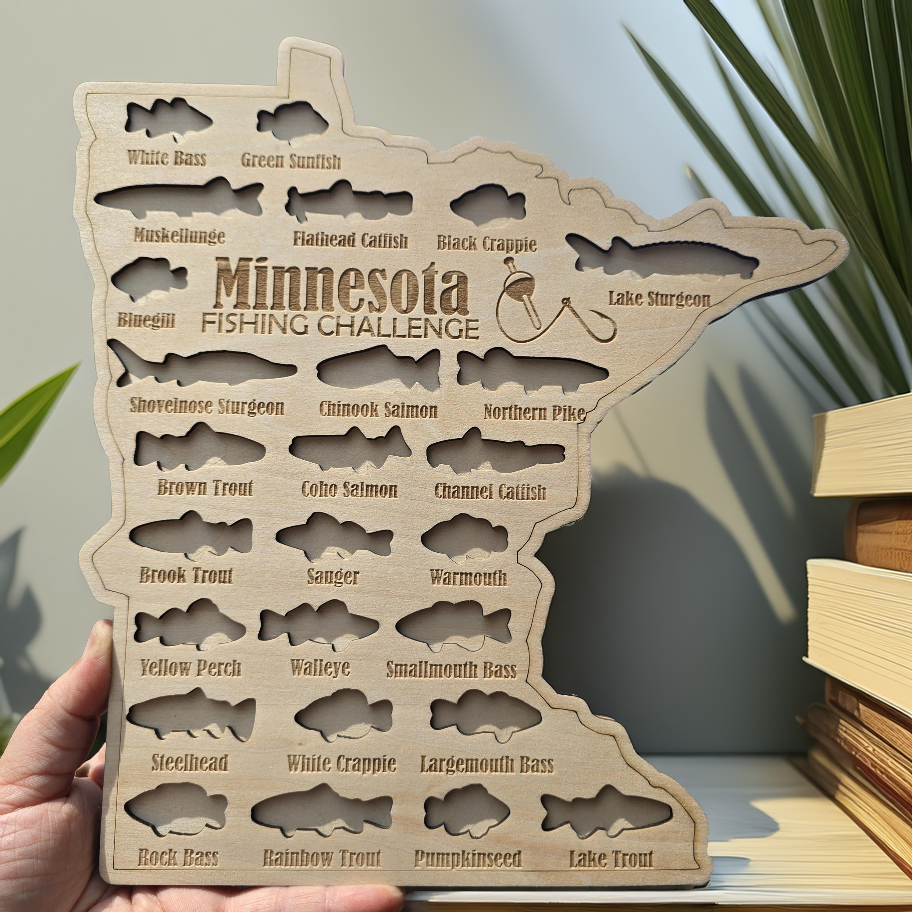 Minnesota Fishing Challenge Map, Custom State Wooden Sign, Gifts for Anglers, Hook Fishing, Fishing Gifts for Dad