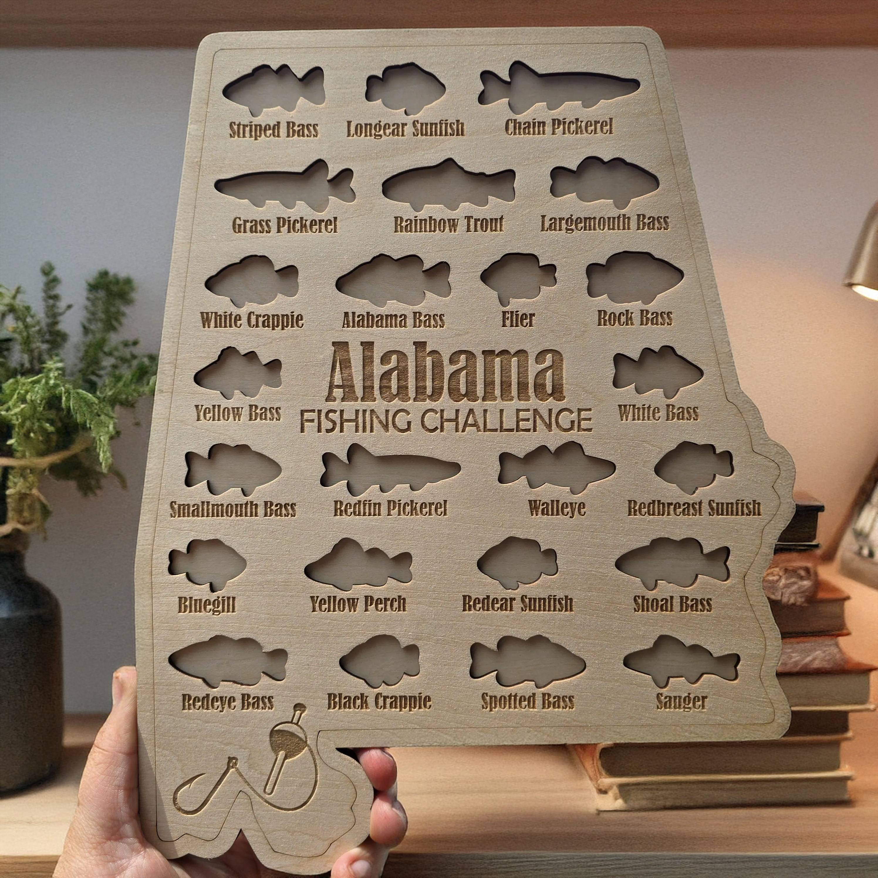 Alabama Fishing Challenge Map, Custom State Wooden Sign, Gifts for Anglers, Hook Fishing, Fishing Gifts for Dad