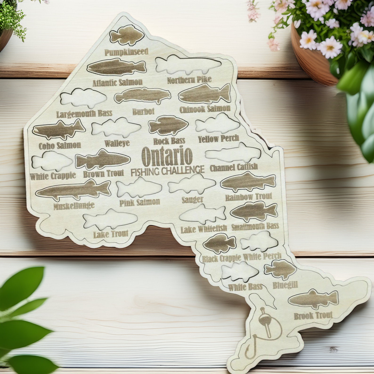 Ontario Fishing Challenge Map, Custom State Wooden Sign, Fishing Pole, Gift Ideas for Fishermen