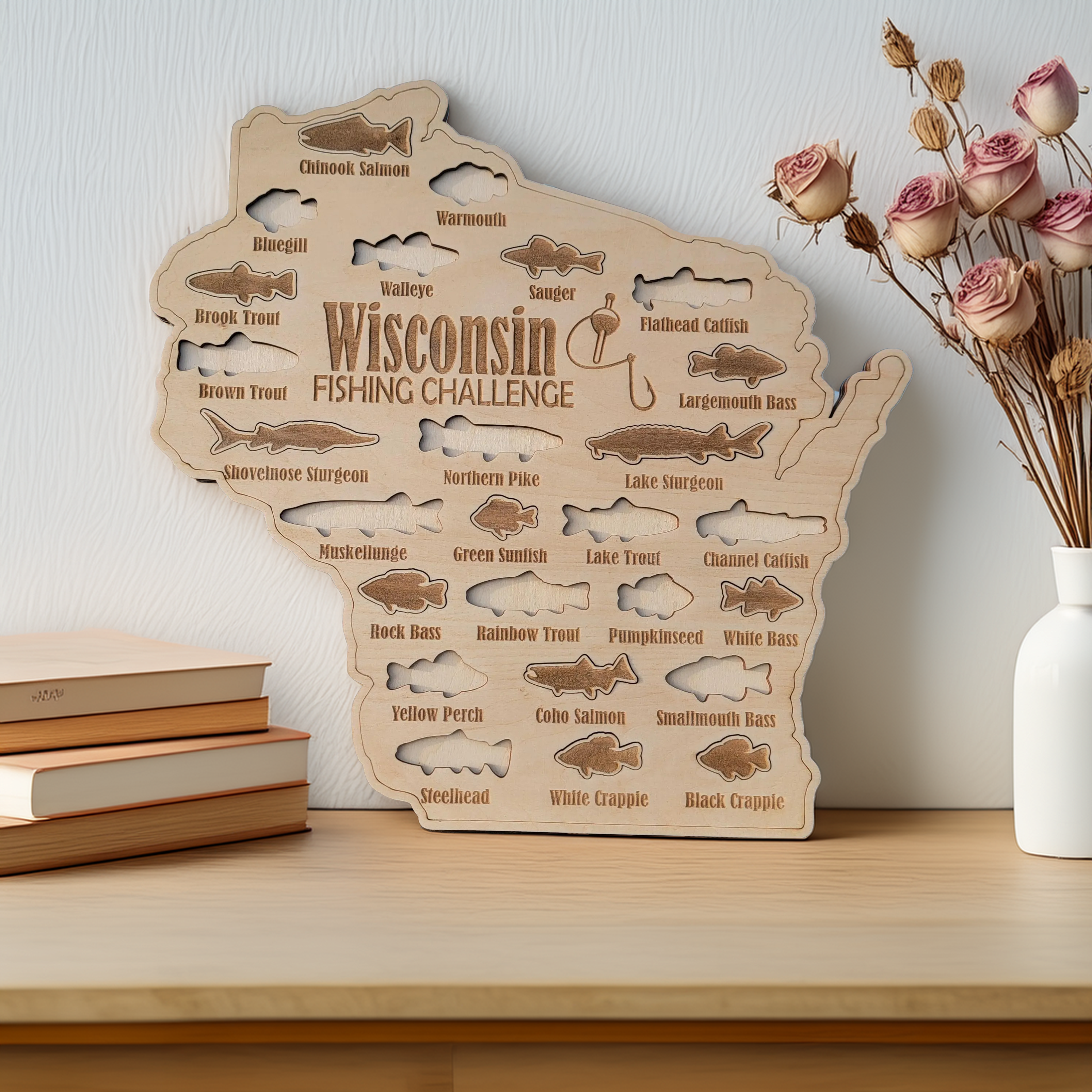 Wisconsin Fishing Challenge Map, Custom State Wooden Sign, Fishing Charts, Fishing Gifts for Men, Dad Fishing Gift