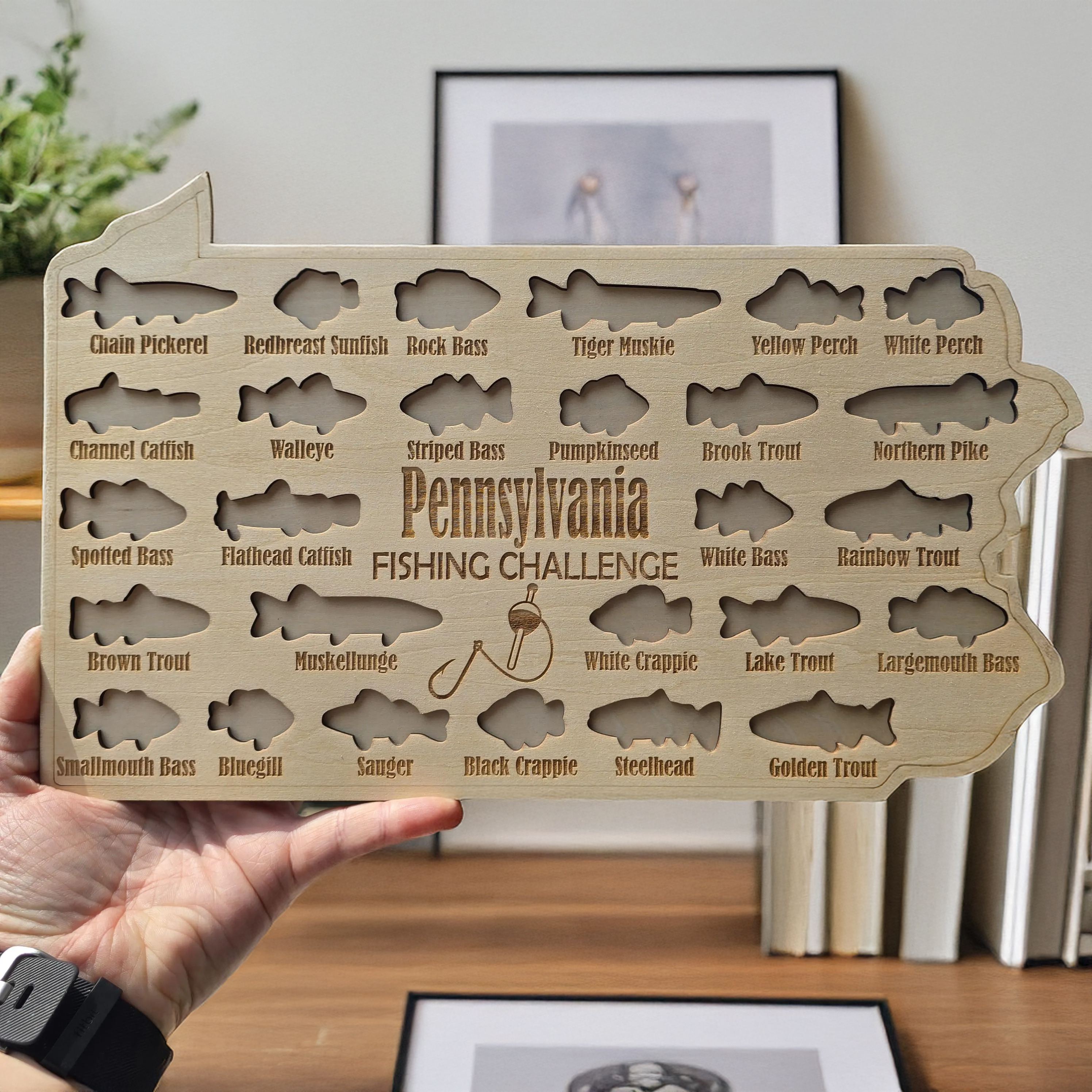 Pennsylvania Fishing Challenge Map, Custom State Wooden Sign, Fishing Gifts for Dad, Gifts for Fly Fishermen