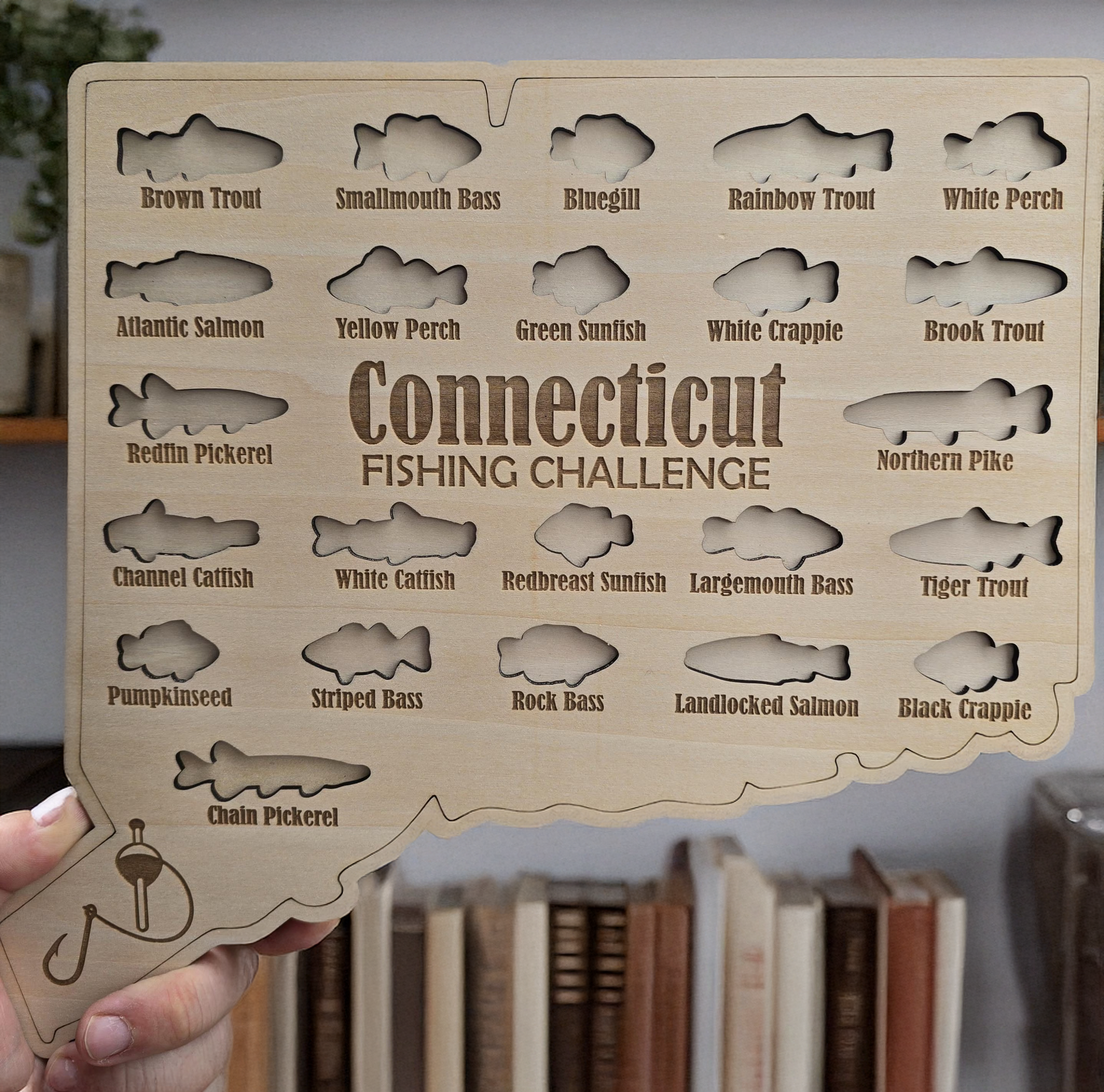 Connecticut Fishing Challenge Map, Custom State Wooden Sign, Gifts for Anglers, Hook Fishing, Fishing Gifts for Dad