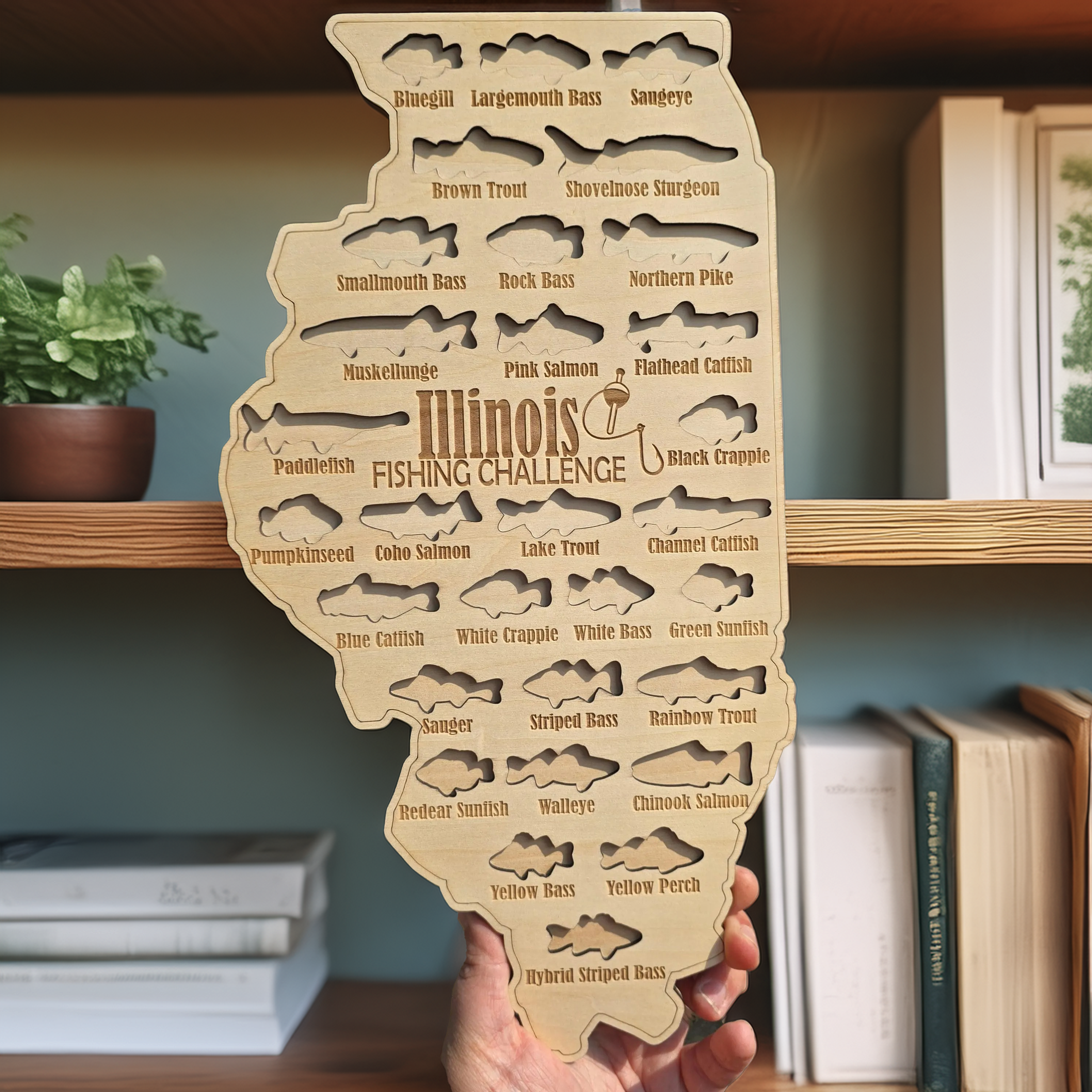 Illinois Fishing Challenge Map, Custom State Wooden Sign, Gifts for Anglers, Hook Fishing, Fishing Gifts for Dad