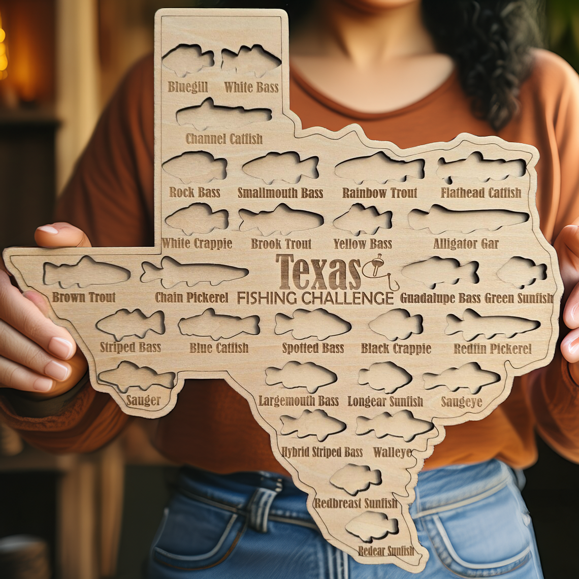 Texas Fishing Challenge Map, Custom State Wooden Sign, Fishing Pole, Fisherman Gifts for Men