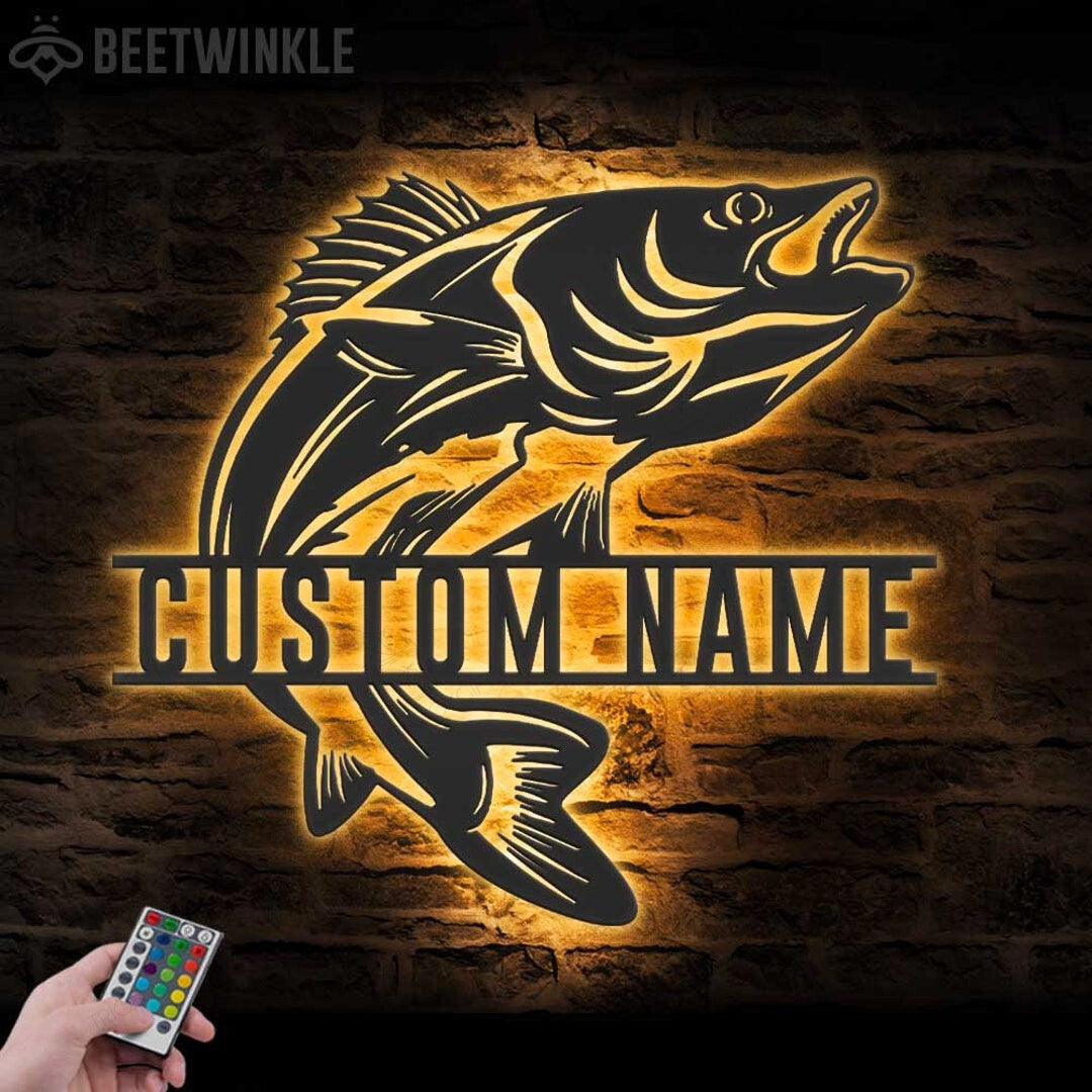 Custom Walleye Fishing Cut Metal Sign With or without LED lighting Wall Art LED Light Personalized Fisher Name Sign Home Decor Kid Boy Girl Nursery Decoration Xmas Birthday Gift