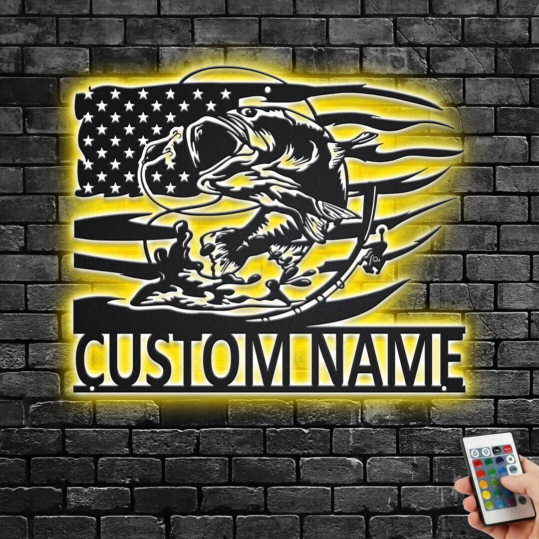 Custom US Bass Fish Cut Metal Sign With or without LED lighting Light, Personalized Bass Fishing Name Sign Decoration For Room, Bass Fishing Metal LED Decor