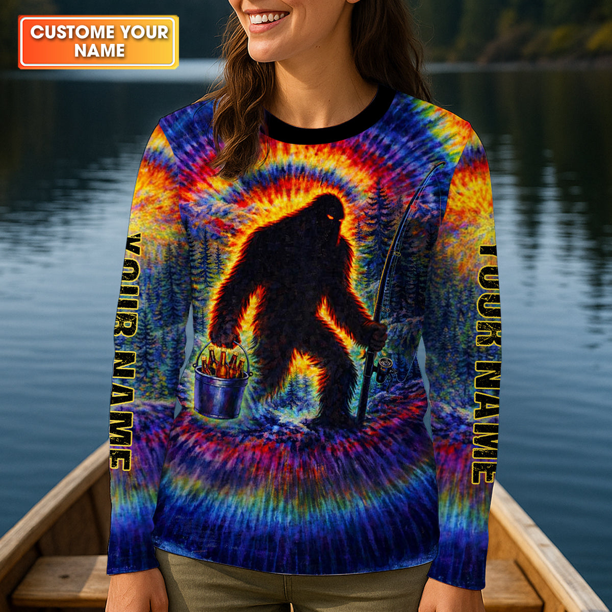 Bigfoot Fishing Beer Bucket Rainbow Swirl Funny Fishing Shirt, Fishing UPF Shirts, Women Fishing Shirt