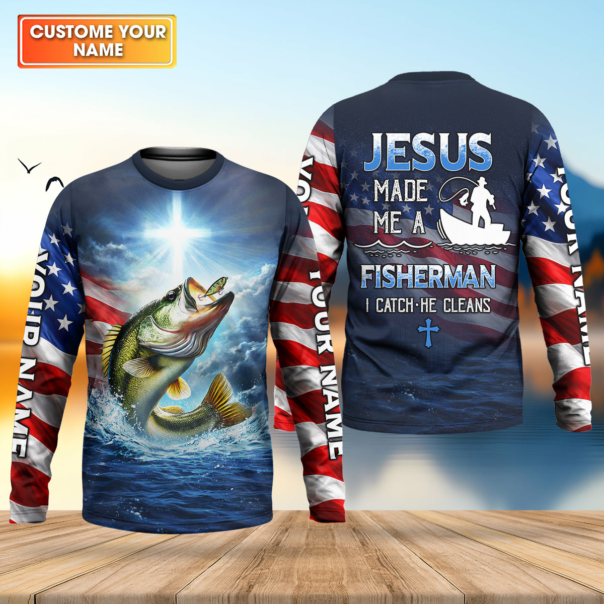 Jesus Made Me A Fisherman Shirt, Patriotic Christian Bass Fishing Shirt For Men, Fishing UPF Shirts