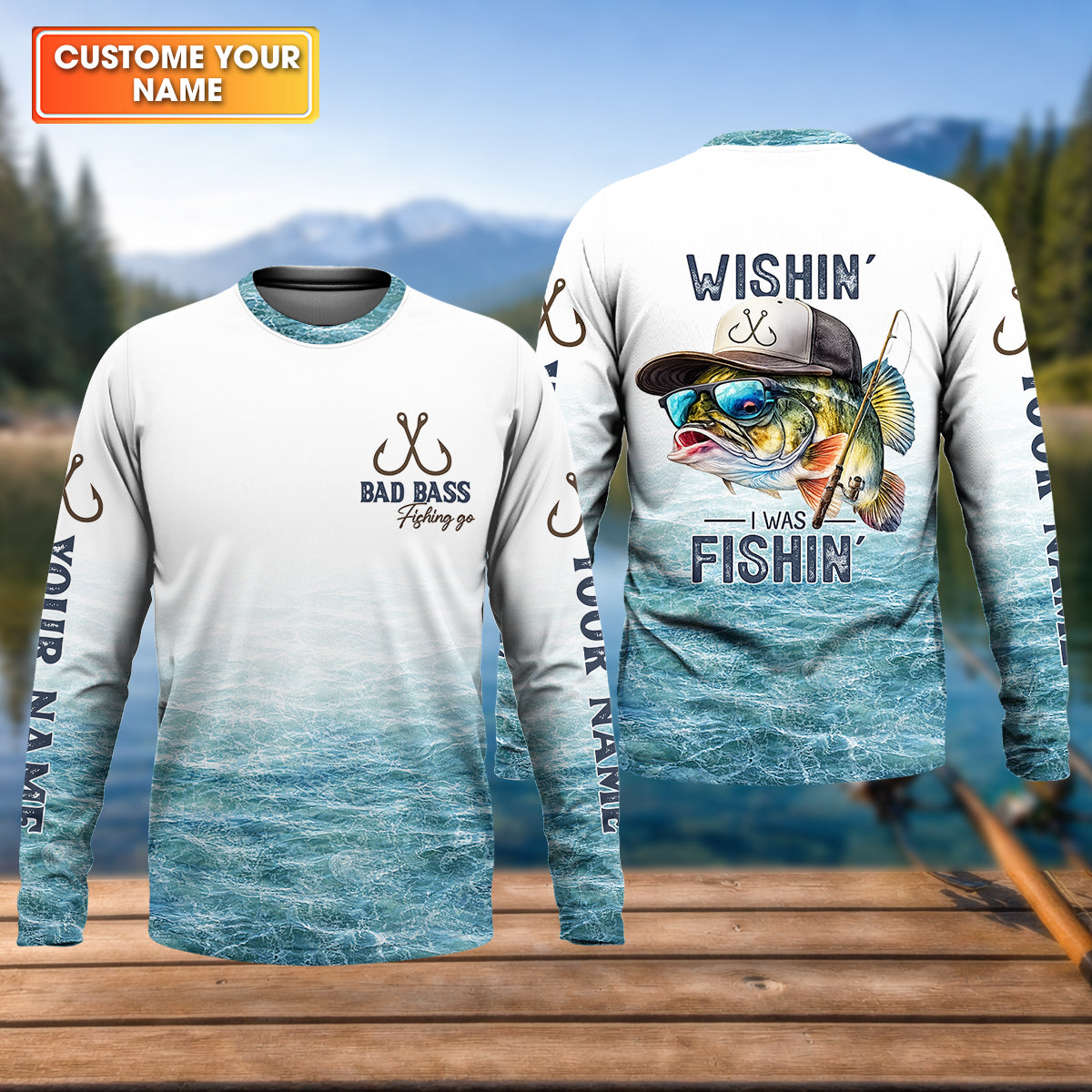 Wishin’ I Was Fishin’ Shirt, Personalized Bad Bass Fishing Shirt For Men, Fishing UPF Shirts