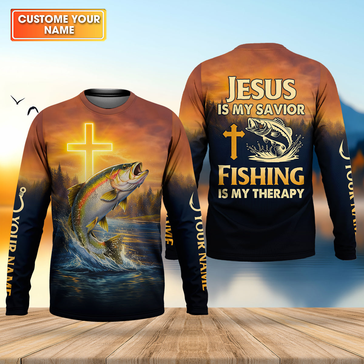 Jesus Is My Savior Fishing Is My Therapy Shirt, Custom Name Fishing Shirt, Fishing UPF Shirts, Funny Fishing Shirt