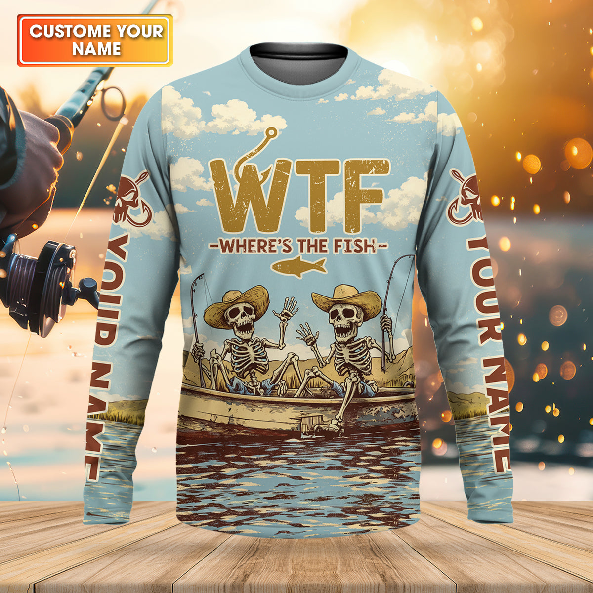 Personalized WTF Where’s The Fish Fishing Shirt, Funny Skeleton Fishermen Boat, Custom Name