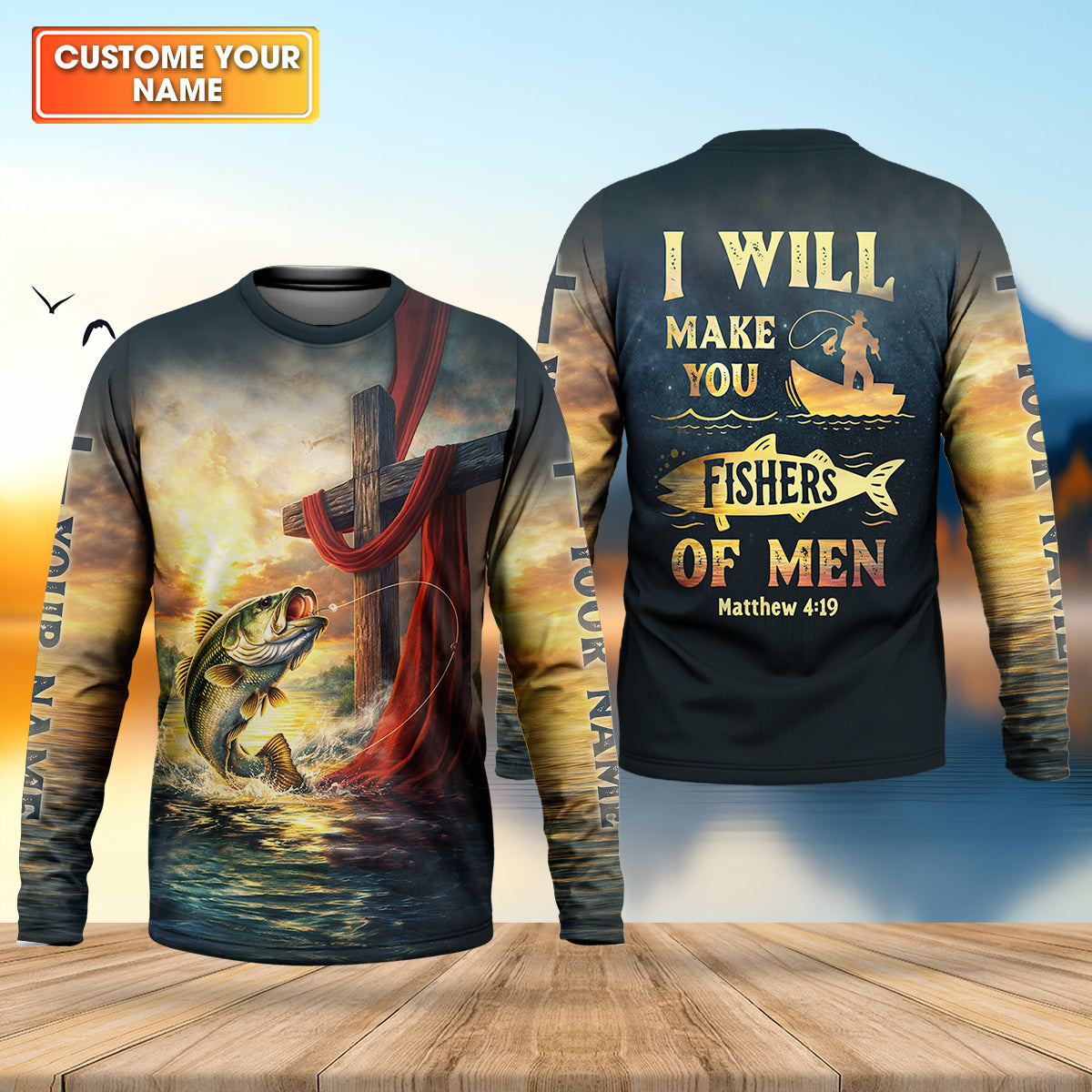 I Will Make You Fishers Of Men Shirt, Personalized Christian Fishing Long Sleeve, Matthew 4:19 Bass Fishing Shirt