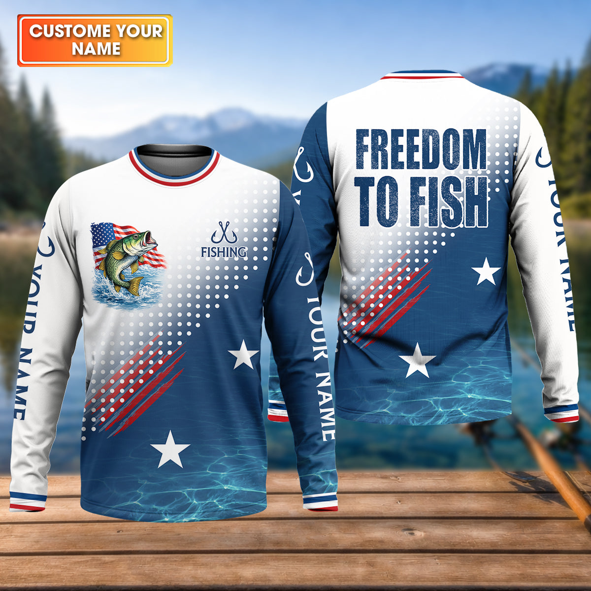 Freedom To Fish Shirt, Personalized American Flag Fishing Long Sleeve For Men, Fishing UPF Shirts